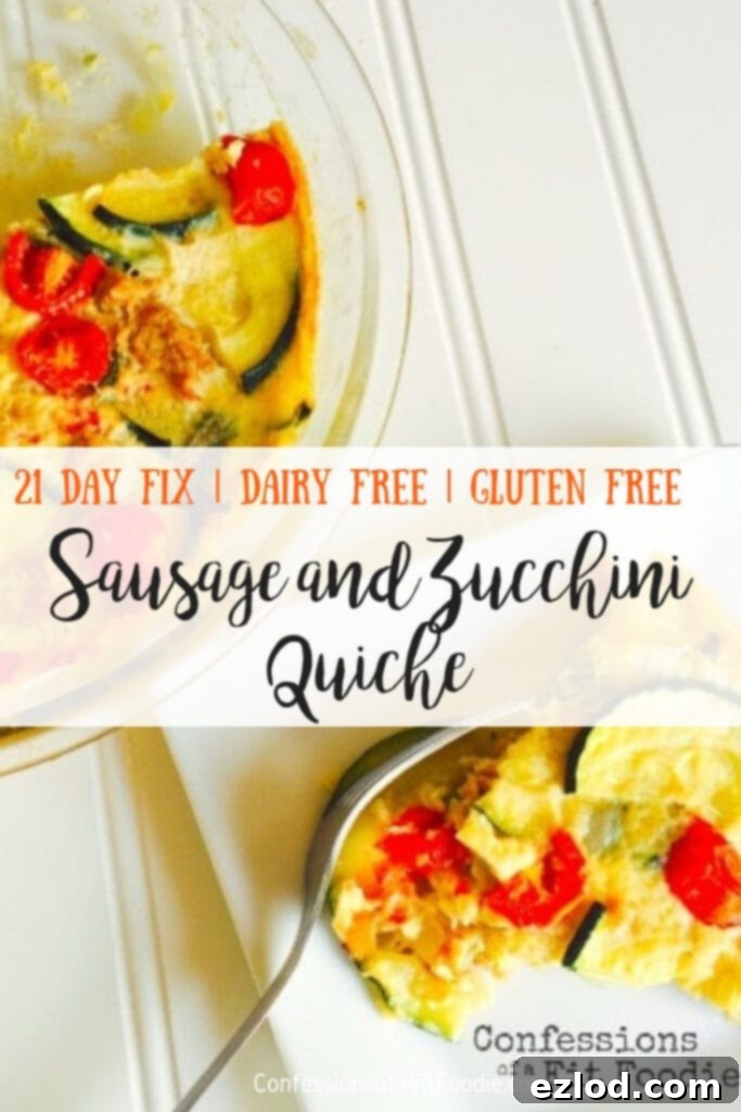 So creamy and delicious, you would never guess that this Sausage and Zucchini Quiche is dairy free and gluten free. It's packed with veggies and lean protein. Awesome for the 21 Day Fix or Dairy Free Keto! #confessionsofafitfoodie #zucchinirecipes 