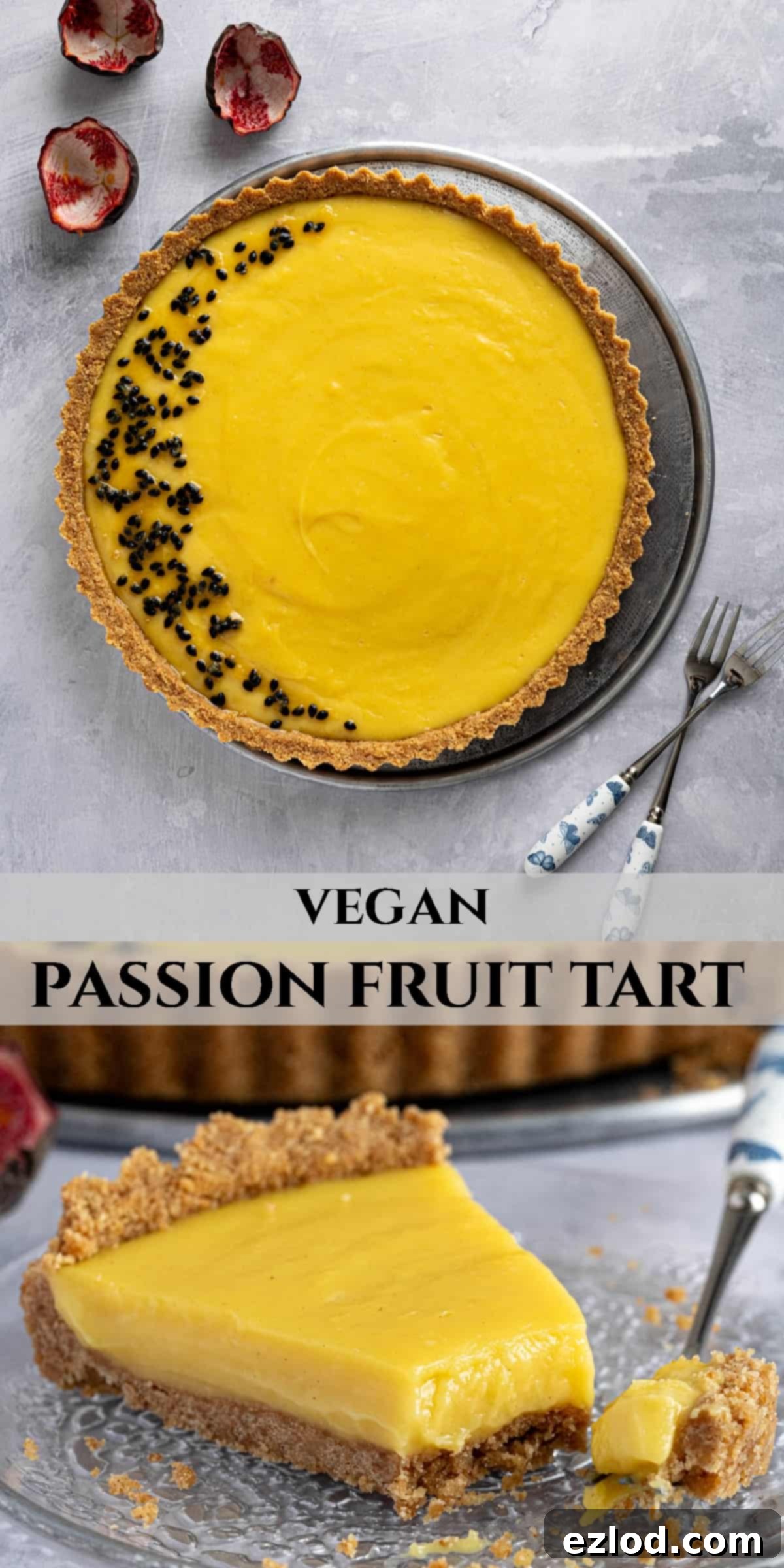 A Pinterest collage image showcasing the beautiful vegan passion fruit tart from various angles.