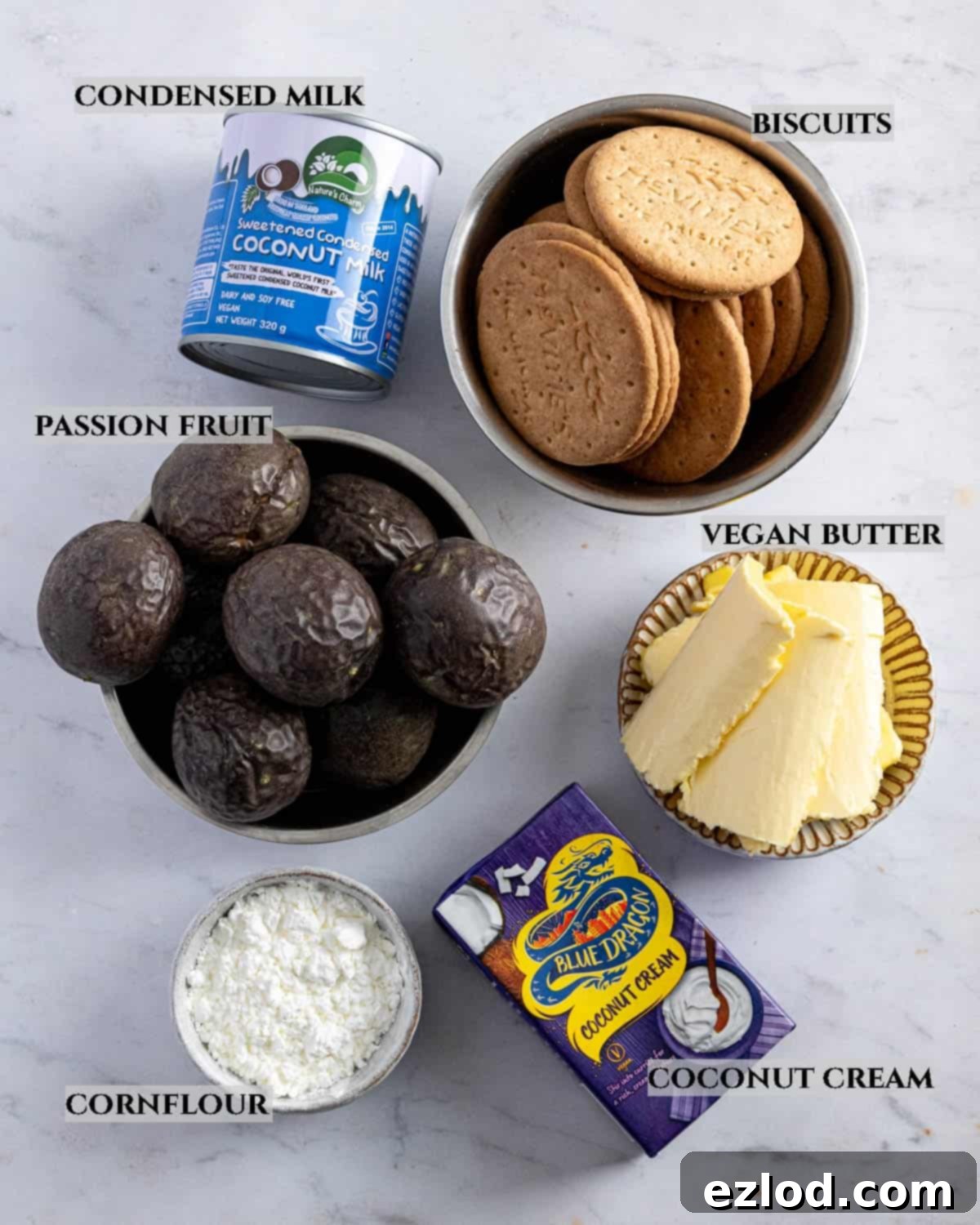 A labeled photograph showcasing all the essential ingredients for making a delicious vegan passion fruit tart.