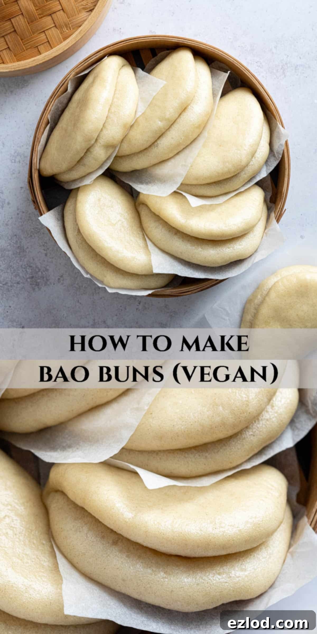 Pinterest collage image for soft and fluffy vegan bao buns.