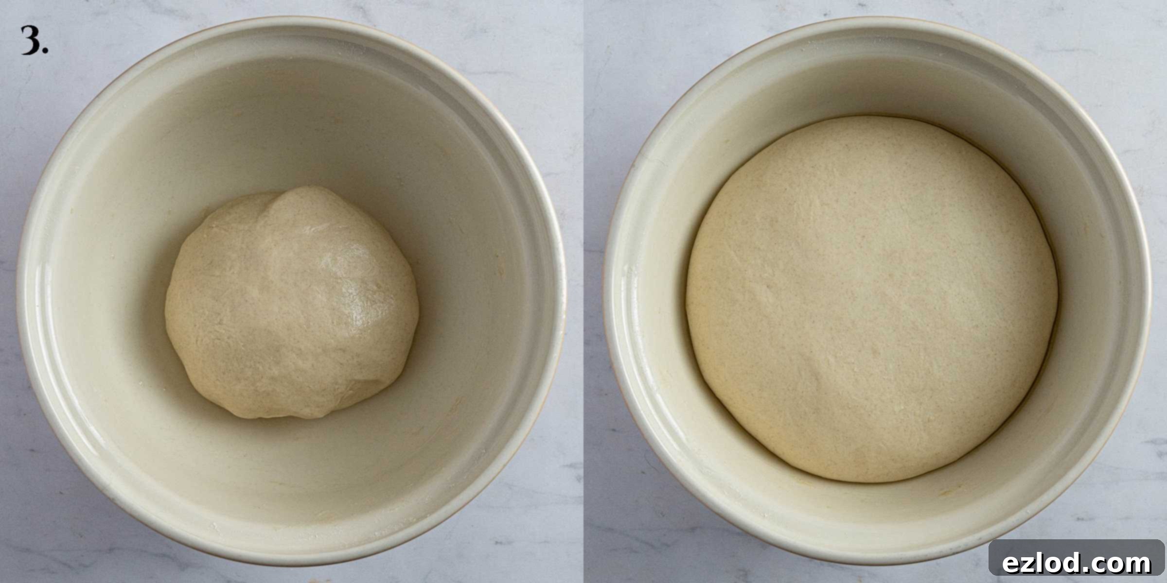 Step 3: A two-image collage showing the dough before and after its first rise.