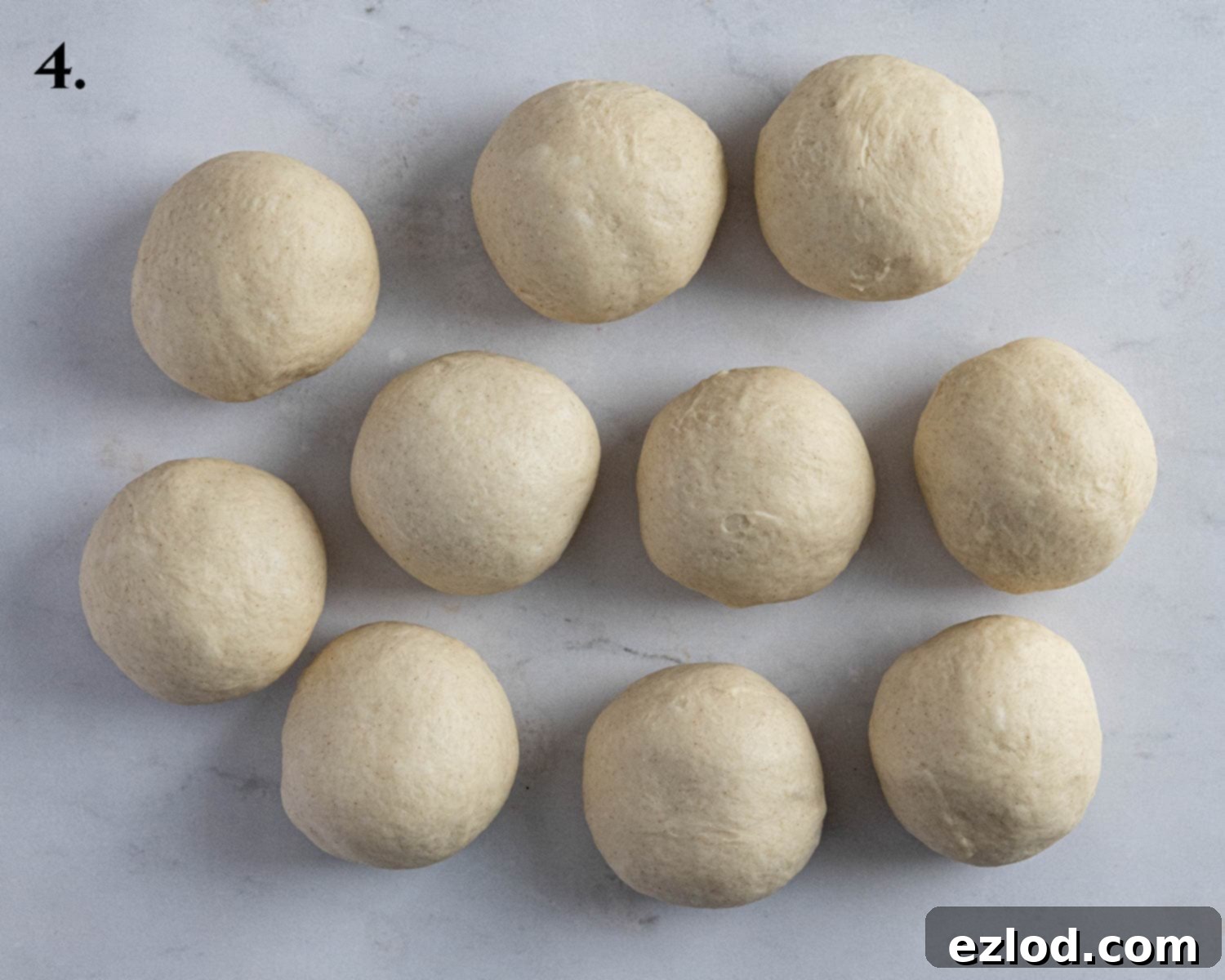 Step 4: The dough divided into 10 even balls, ready for shaping.