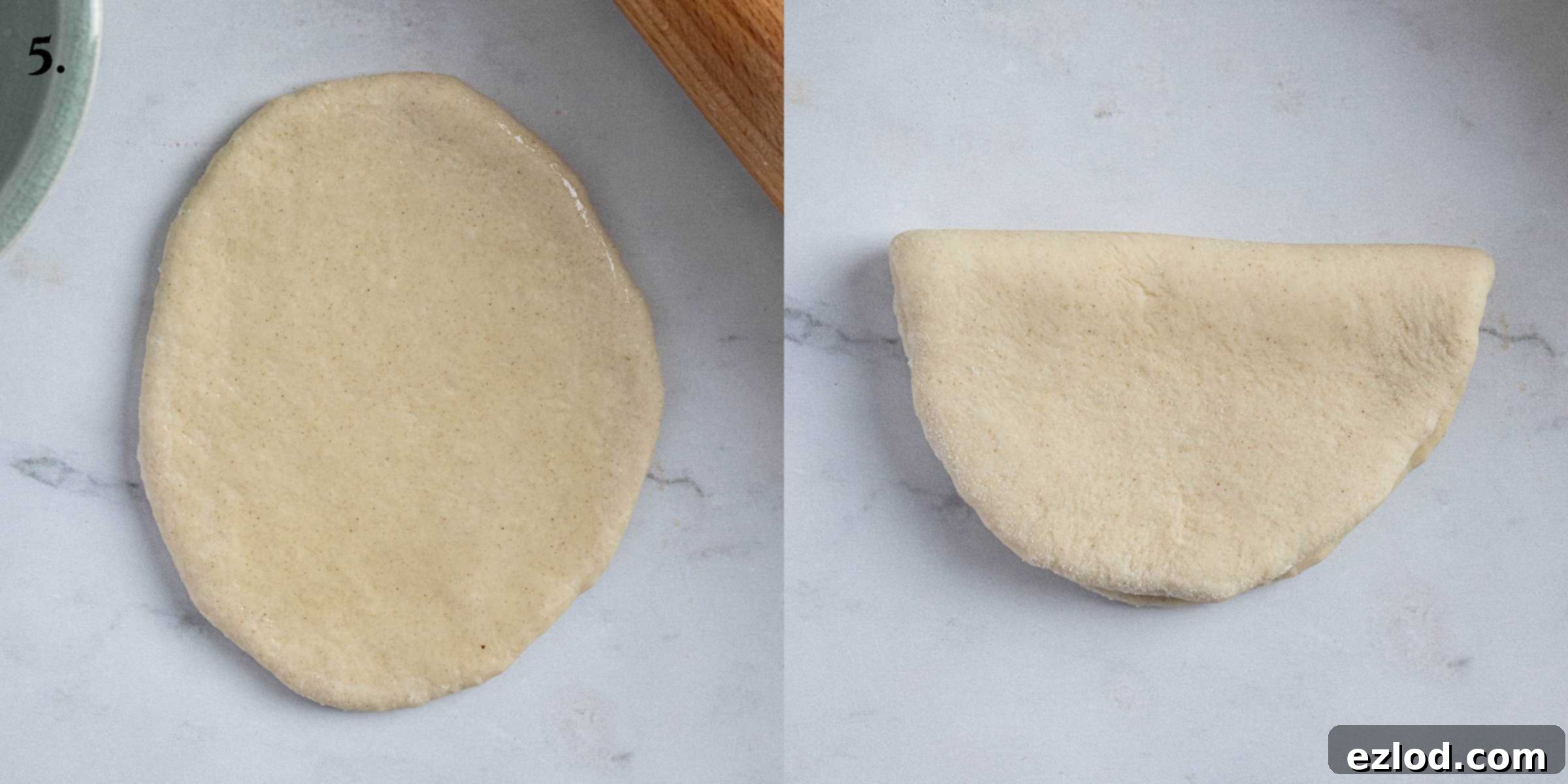 Step 5: A two-image collage showing the steps to shape the bao into a folded semicircle.
