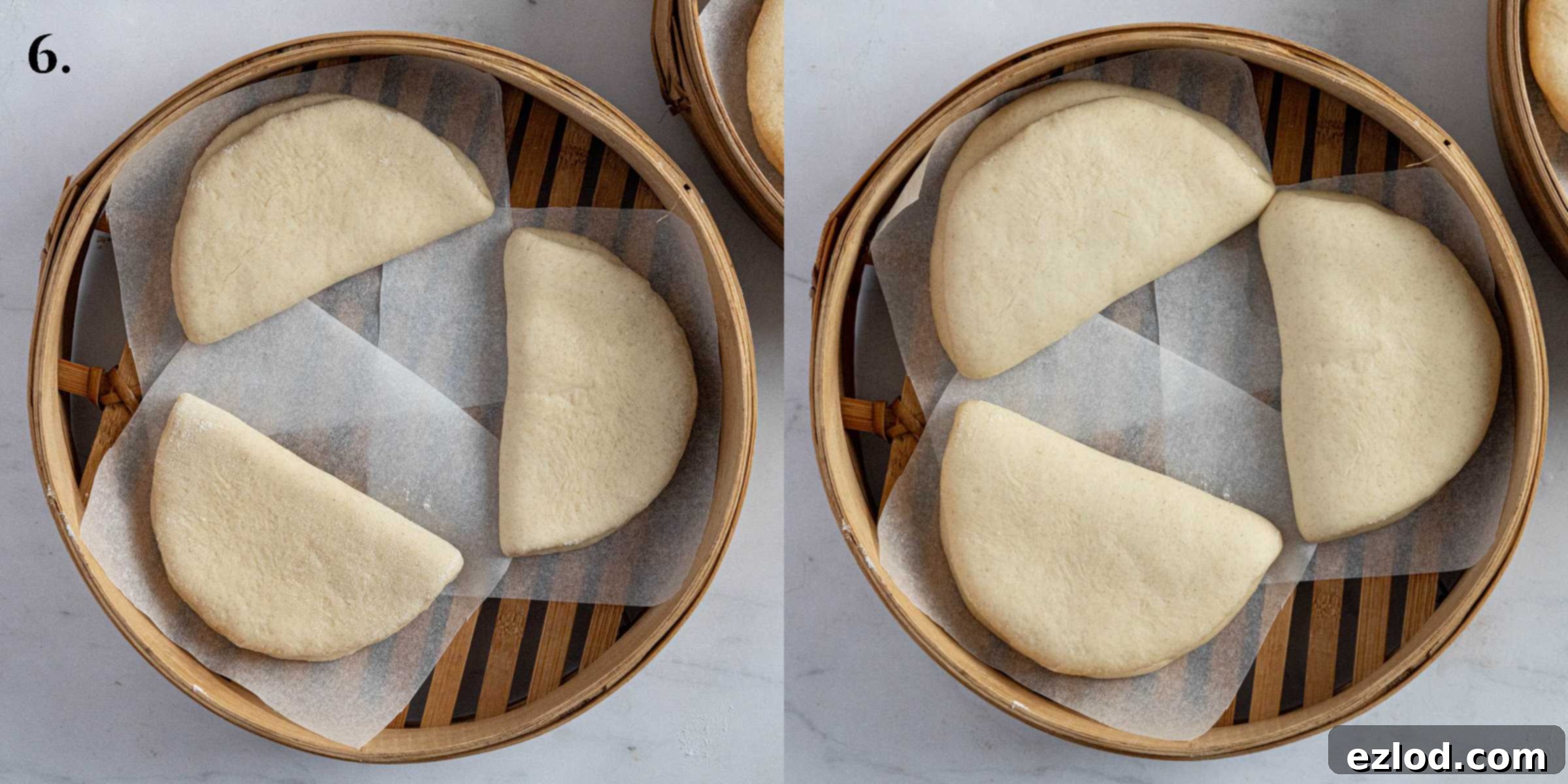Step 6: A two-image collage showing the bao buns before and after their second rise in the steamer.
