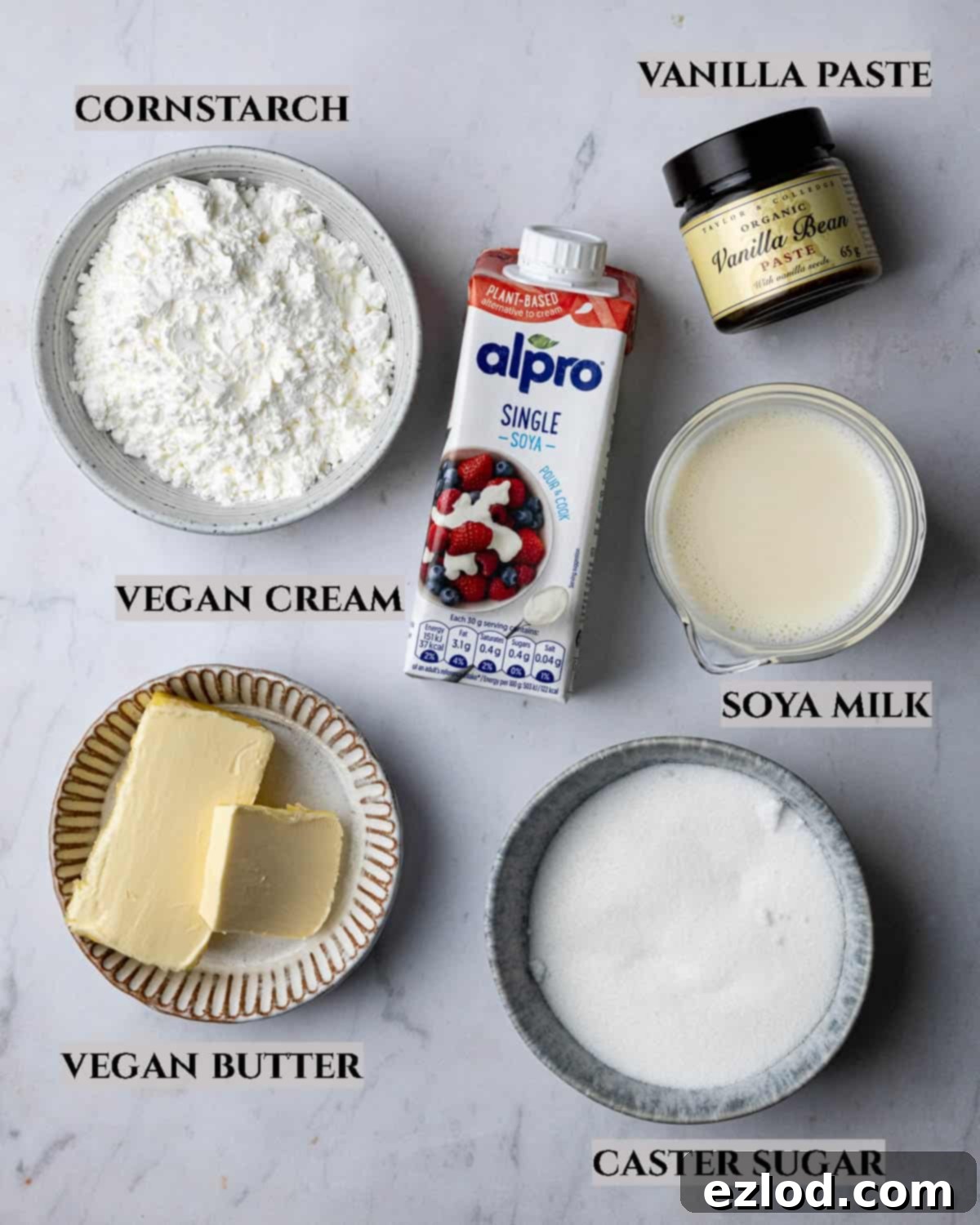 A labelled image of the six key ingredients needed to prepare a delicious vegan pastry cream.
