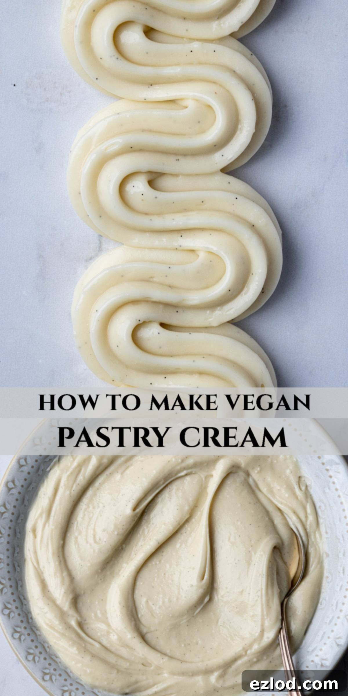 A Pinterest collage image showcasing various uses of vegan pastry cream and ingredients.