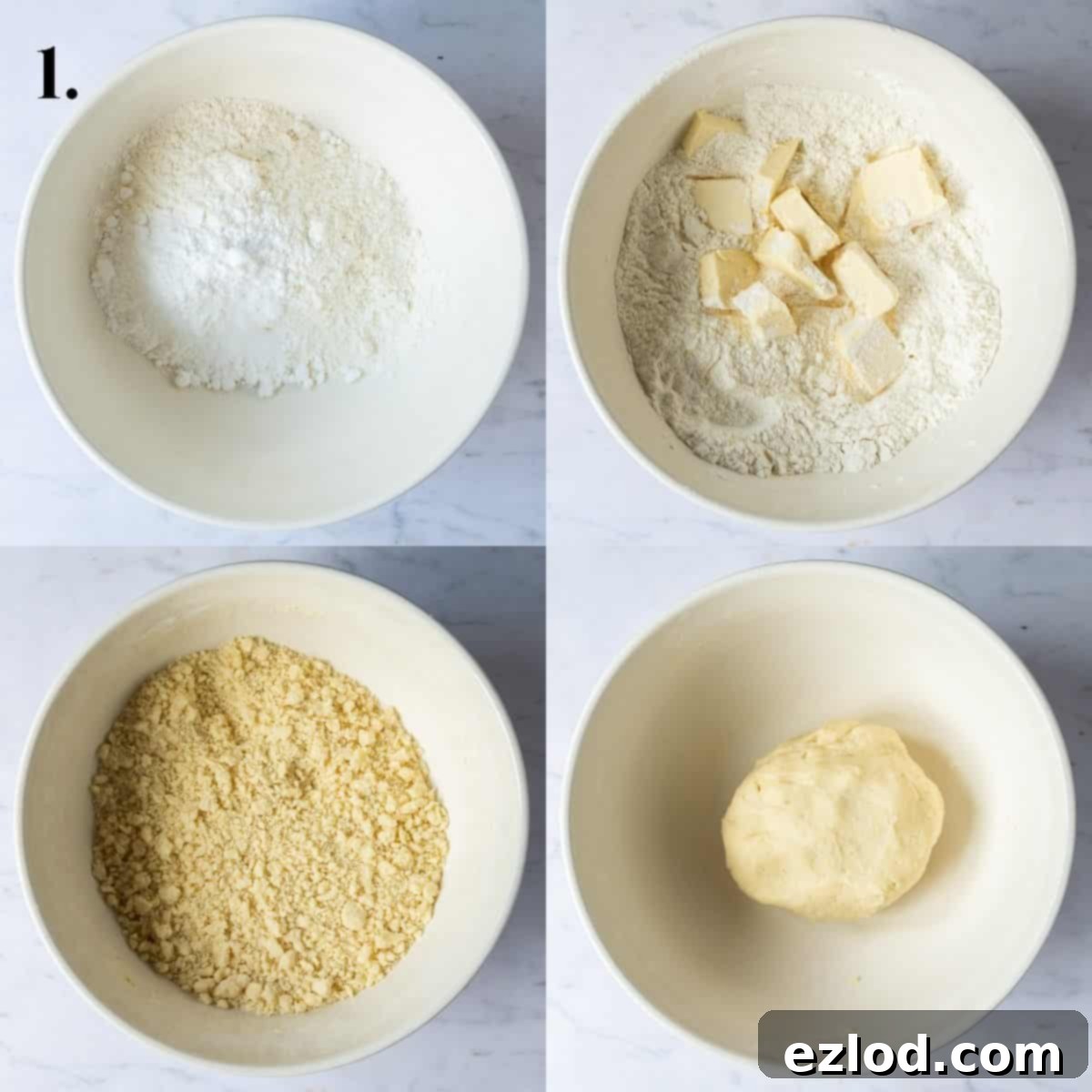 A four-image collage showing the process of making vegan shortcrust pastry: dry ingredients, rubbing in butter, adding liquid, and forming a dough ball.