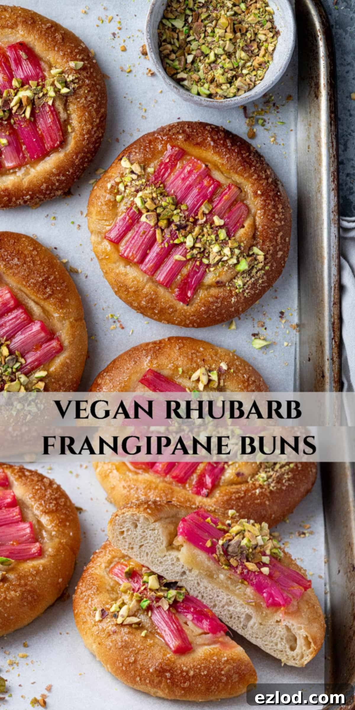 A Pinterest collage image showcasing delicious vegan rhubarb frangipane buns, perfect for sharing.