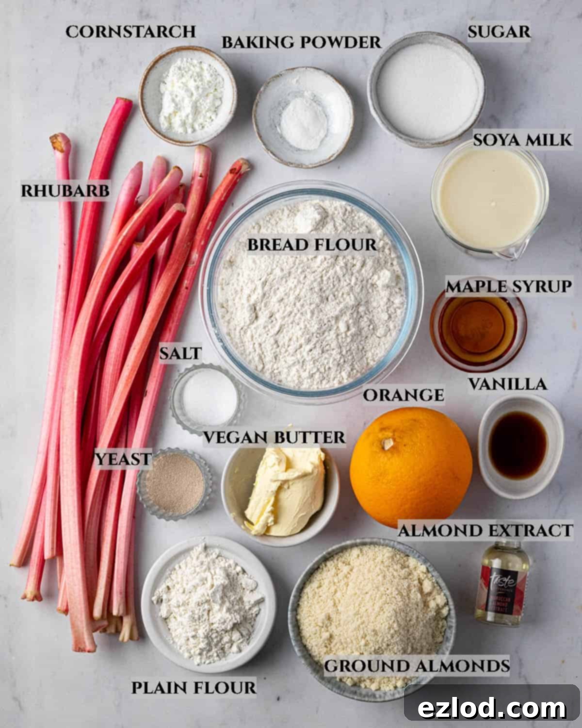 A labelled photo of the ingredients needed to make rhubarb frangipane buns.