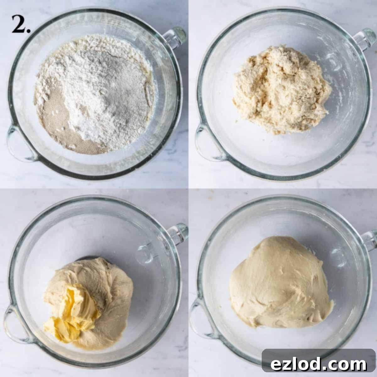 Step 2: A four-image collage demonstrating the process of mixing and kneading the vegan brioche dough in a stand mixer.
