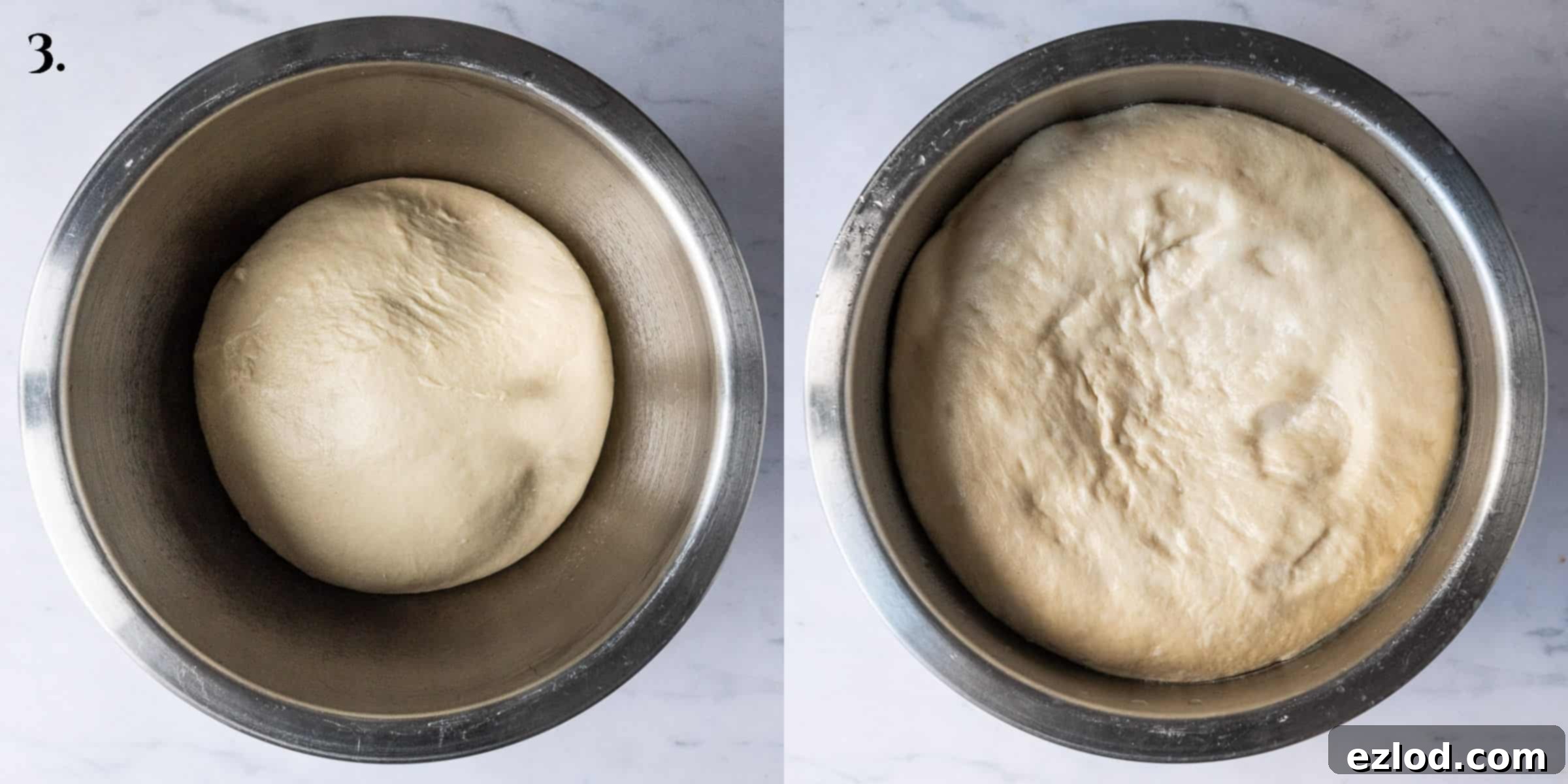 Step 3: A side-by-side comparison of the dough before and after its first rise, showing significant expansion.