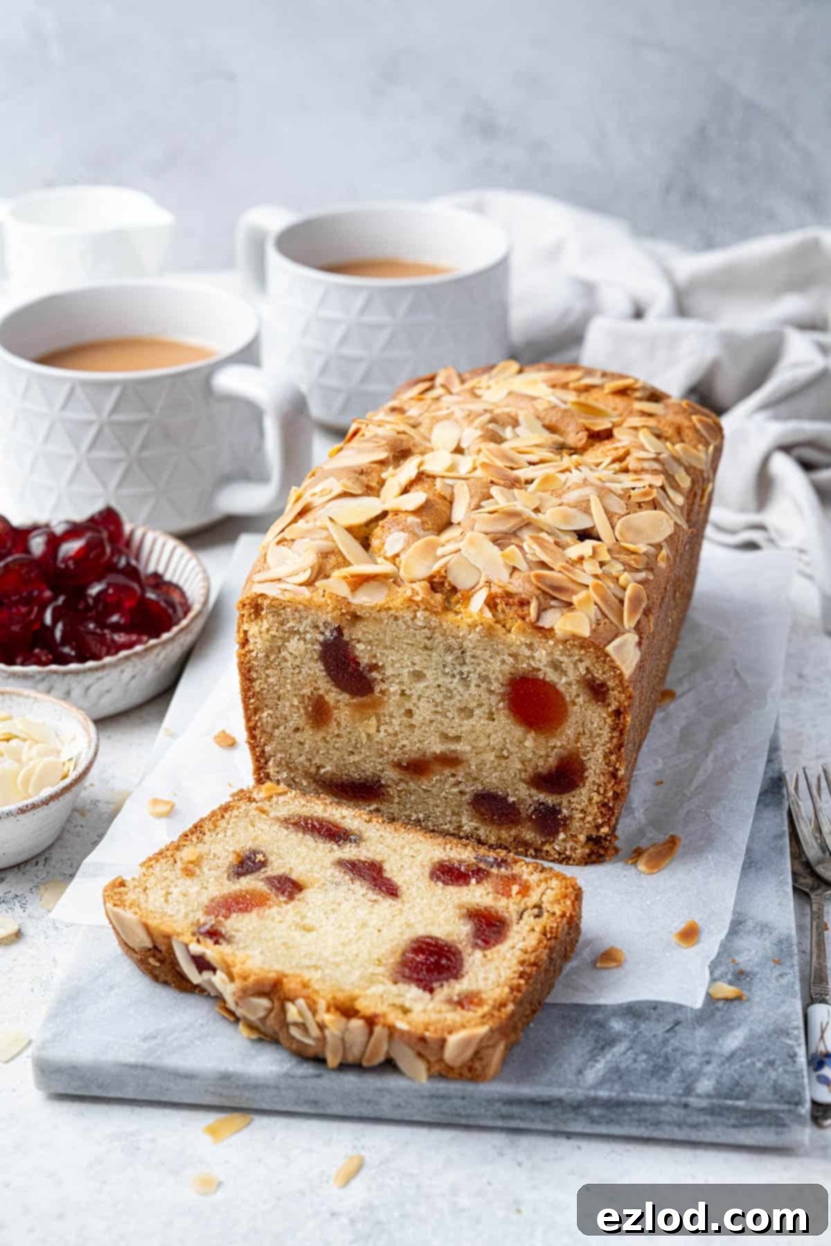 A beautifully sliced vegan cherry loaf cake sits on a elegant marble board, flanked by steaming cups of tea and small bowls containing vibrant glacé cherries and delicate flaked almonds, ready to be enjoyed.