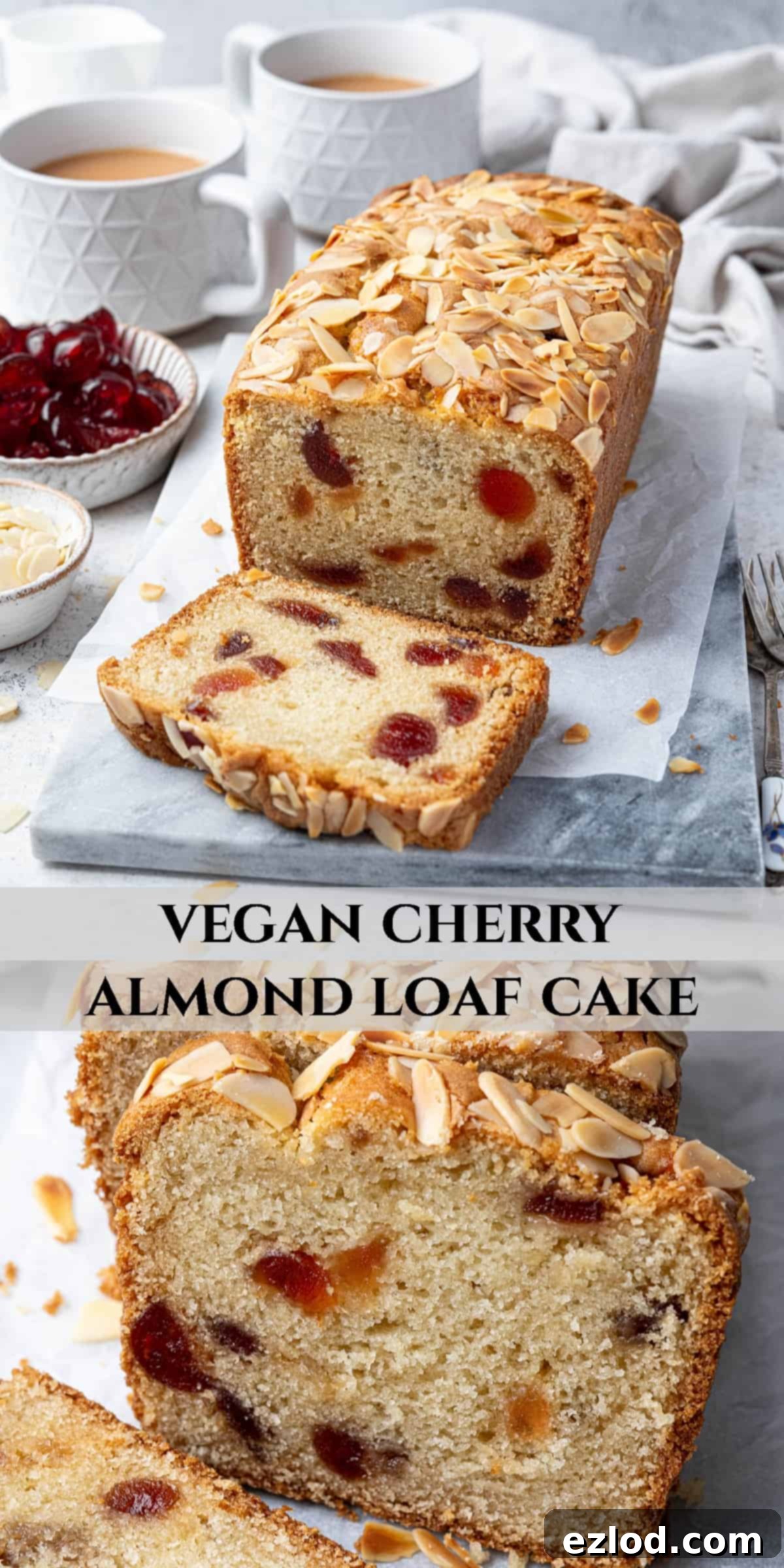 A collage image for Pinterest, showcasing the delicious Vegan Cherry Loaf Cake, sliced, whole, and with ingredients, designed for easy sharing.