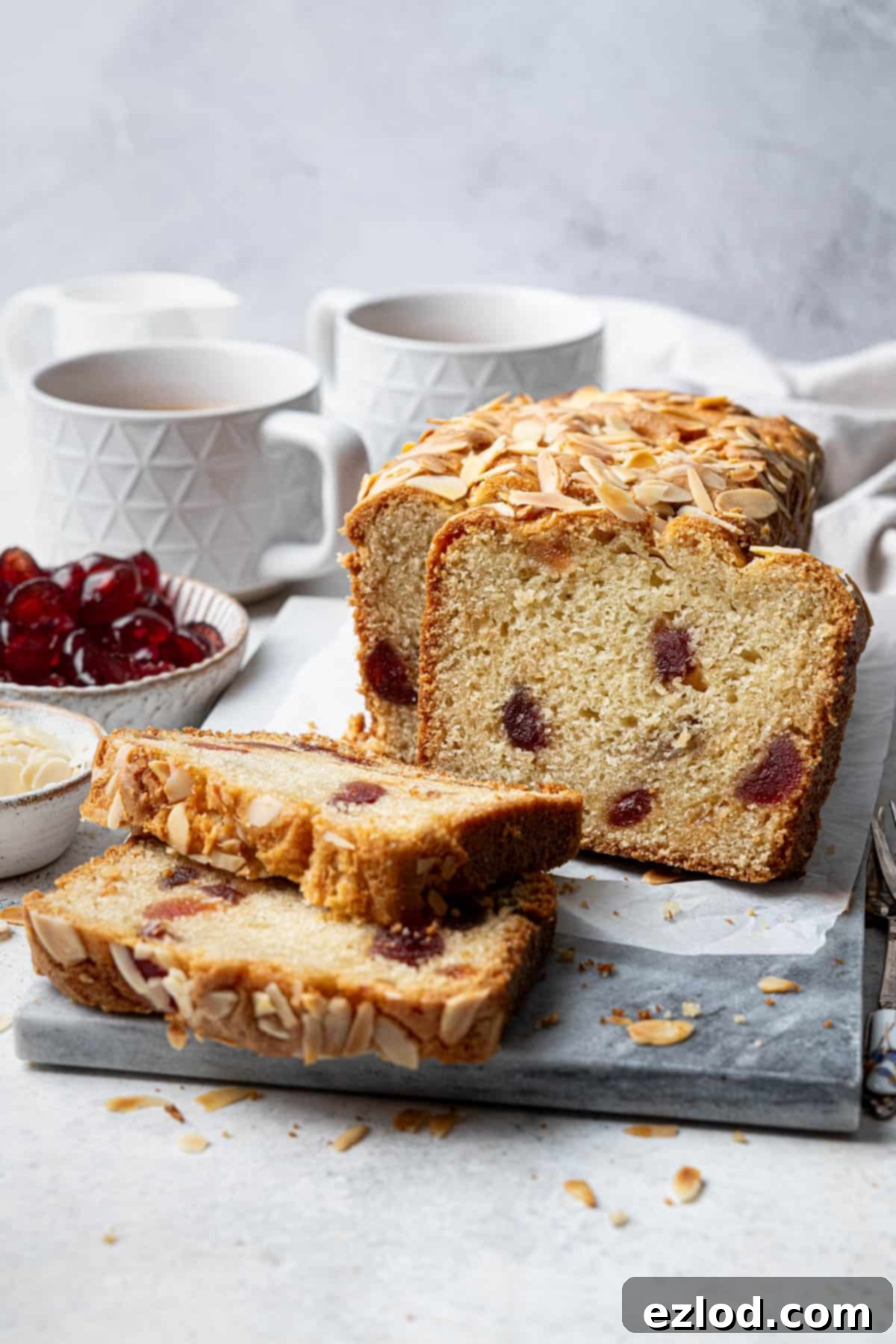 The fully baked and cooled vegan cherry loaf cake, beautifully sliced and arranged on a marble board, accompanied by cups of tea and small bowls of glacé cherries and flaked almonds, ready for serving.