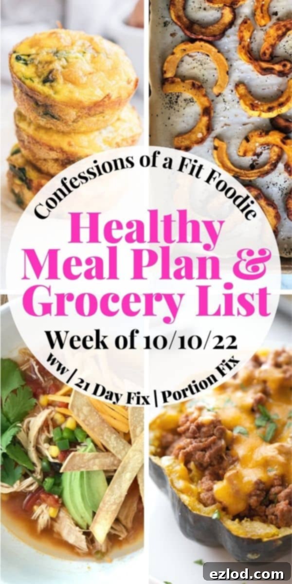 Food photo collage with pink and black text on a white circle. Text says, "Healthy Meal Plan & Grocery List | Week of 10/10/22" 