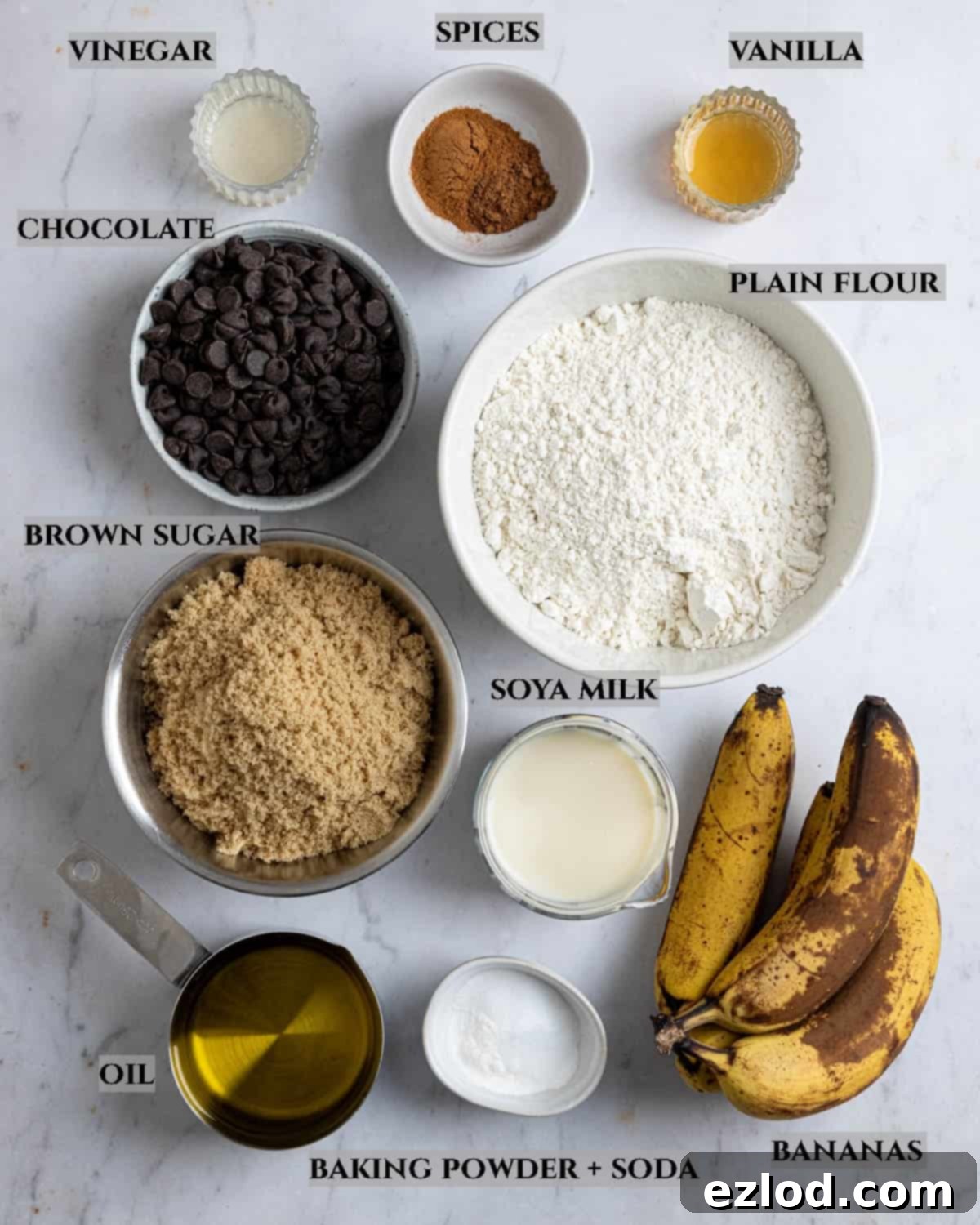 A labelled photot of the ingredients needed to make vegan banana bundt cake.