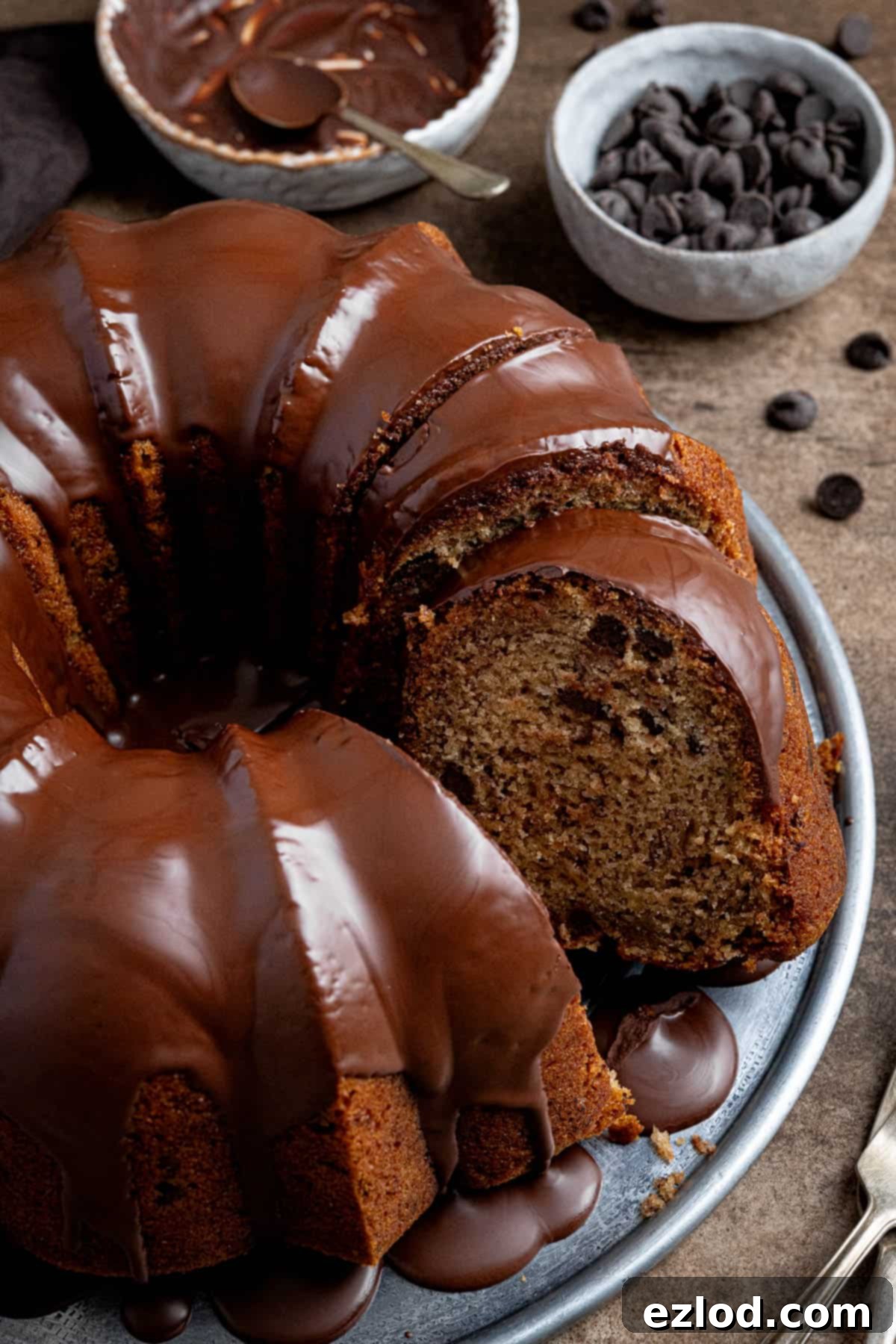 Close up of the sliced vegan banana bundt cake.