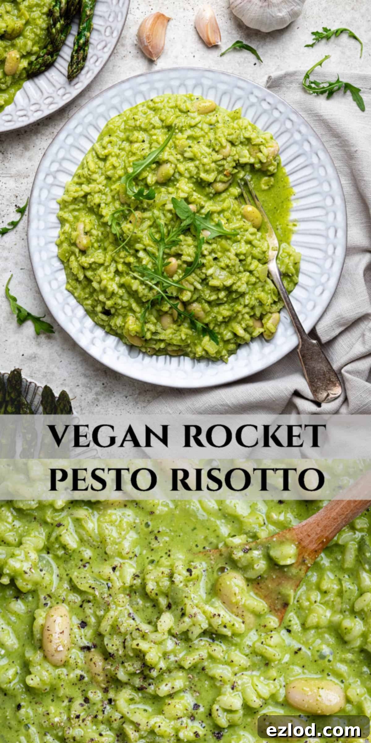 Pinterest collage image featuring multiple enticing photos of the vegan rocket pesto risotto, perfect for sharing on social media.