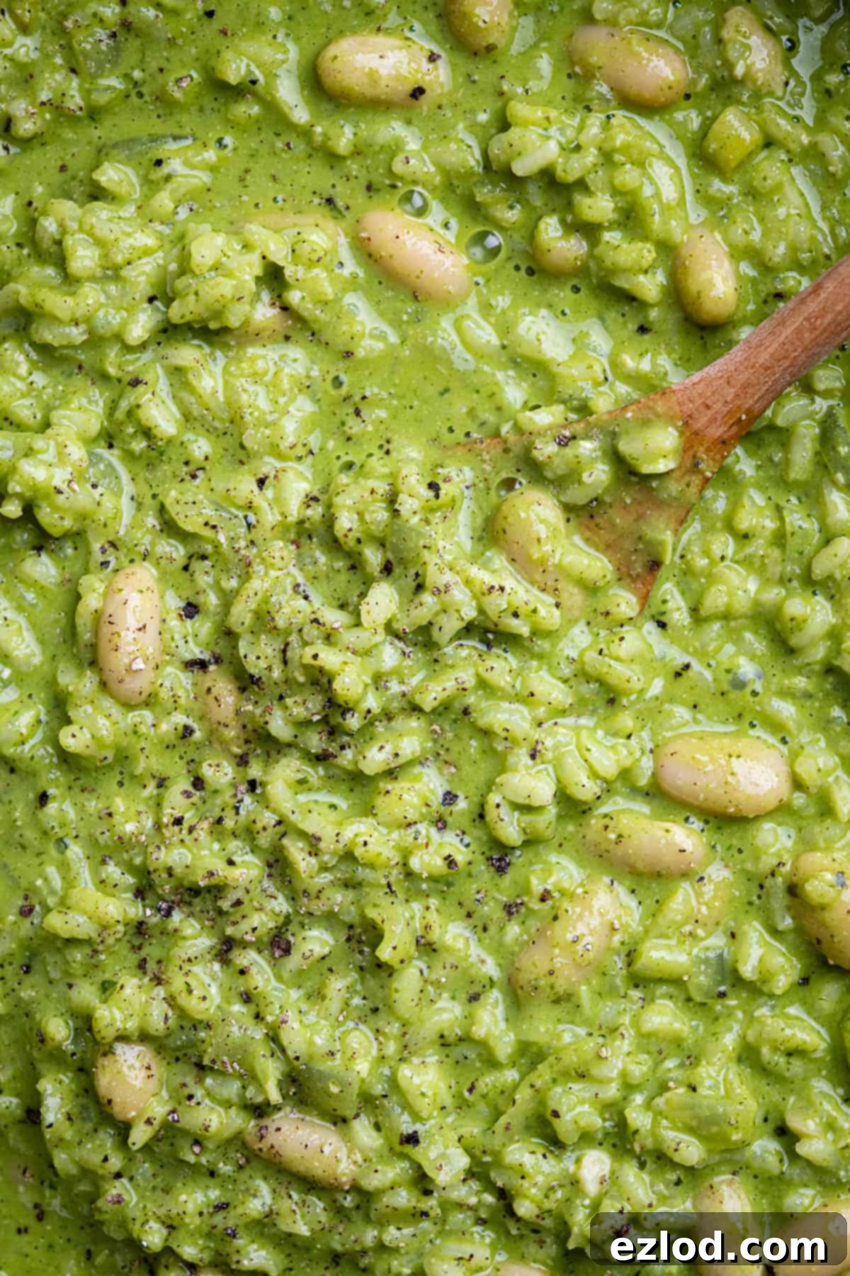 A close-up shot of the finished rocket pesto risotto in a bowl, showcasing its creamy texture and vibrant green color, garnished with fresh rocket leaves.