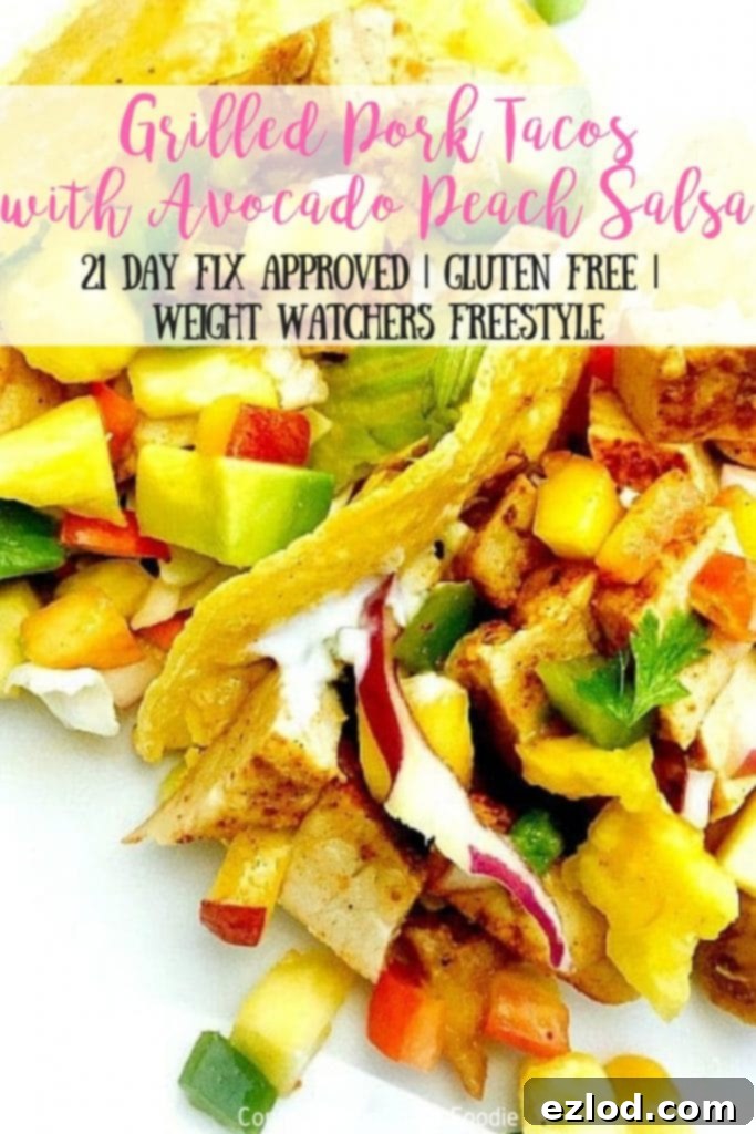 Delicious 21 Day Fix Grilled Pork Tacos featuring homemade avocado peach salsa – quick and easy dinner idea!