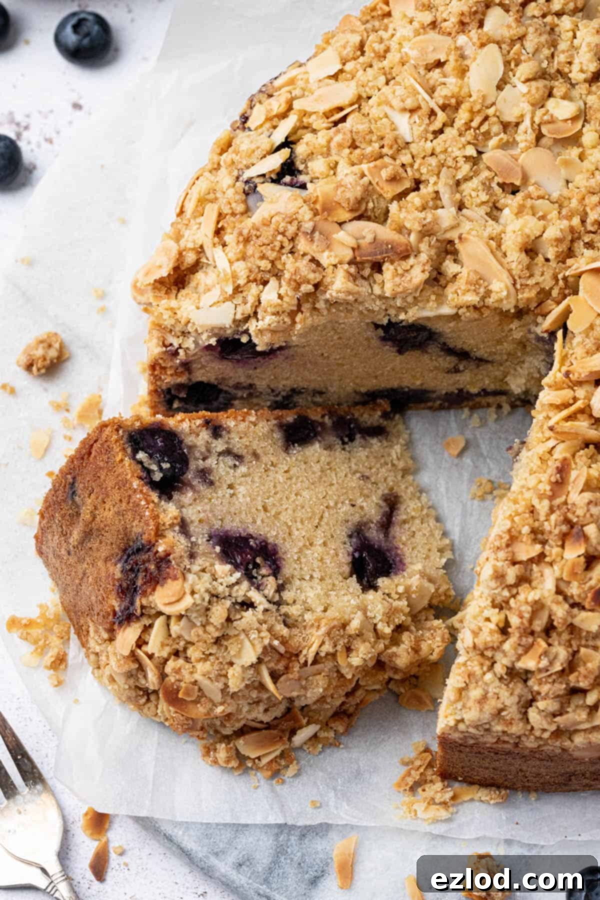 A close-up view of a slice of the vegan blueberry crumb cake, highlighting its moist crumb, juicy blueberries, and crunchy streusel topping.