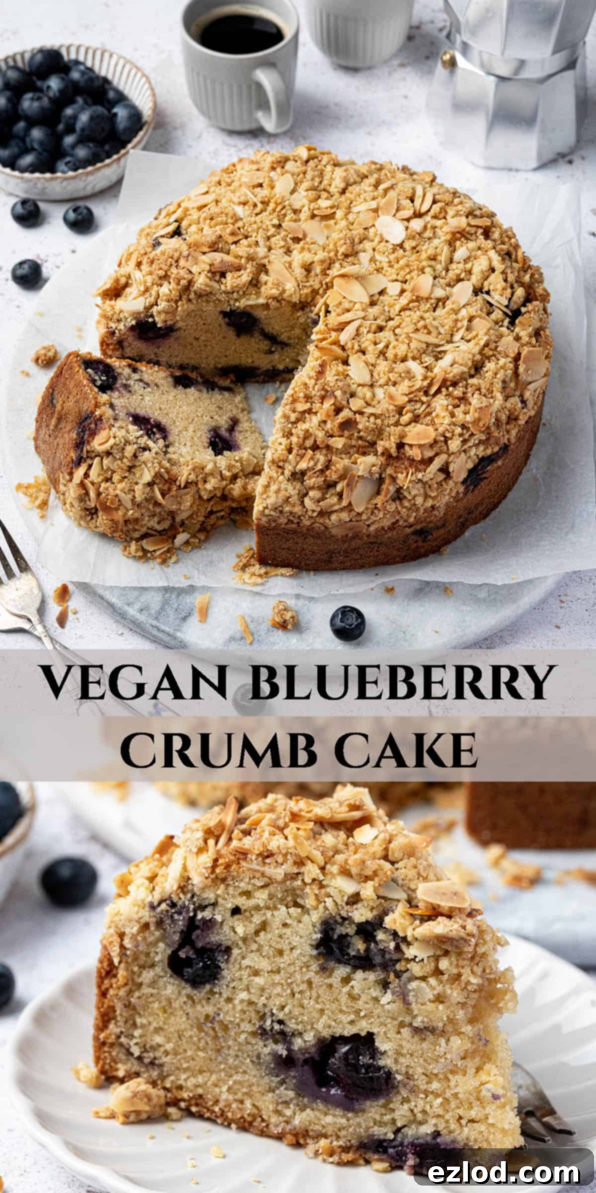A Pinterest collage image featuring multiple appealing shots of the vegan blueberry crumb cake, perfect for social sharing.