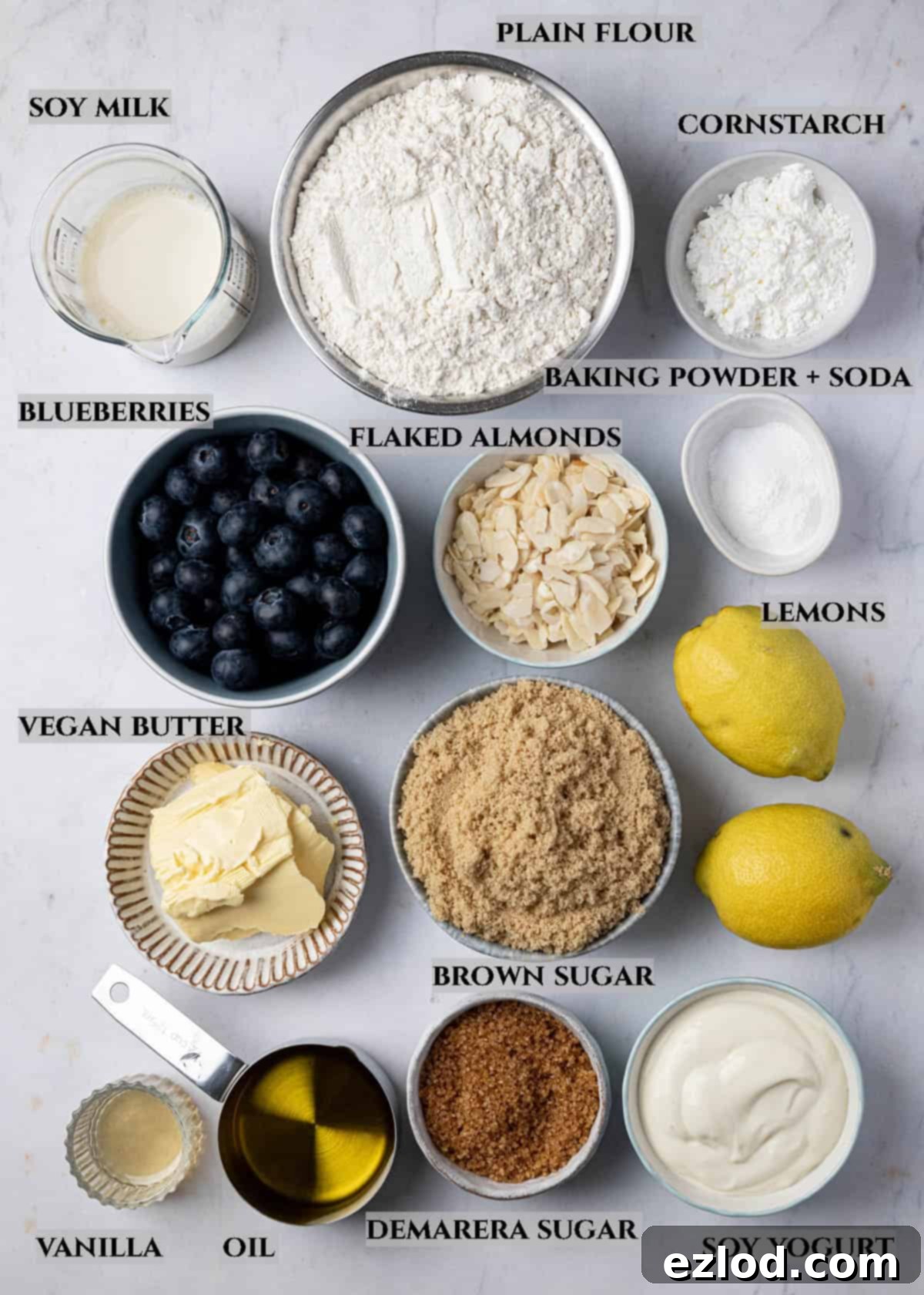 A labelled photograph showing all the ingredients needed to bake the vegan blueberry crumb cake, neatly arranged in separate bowls.