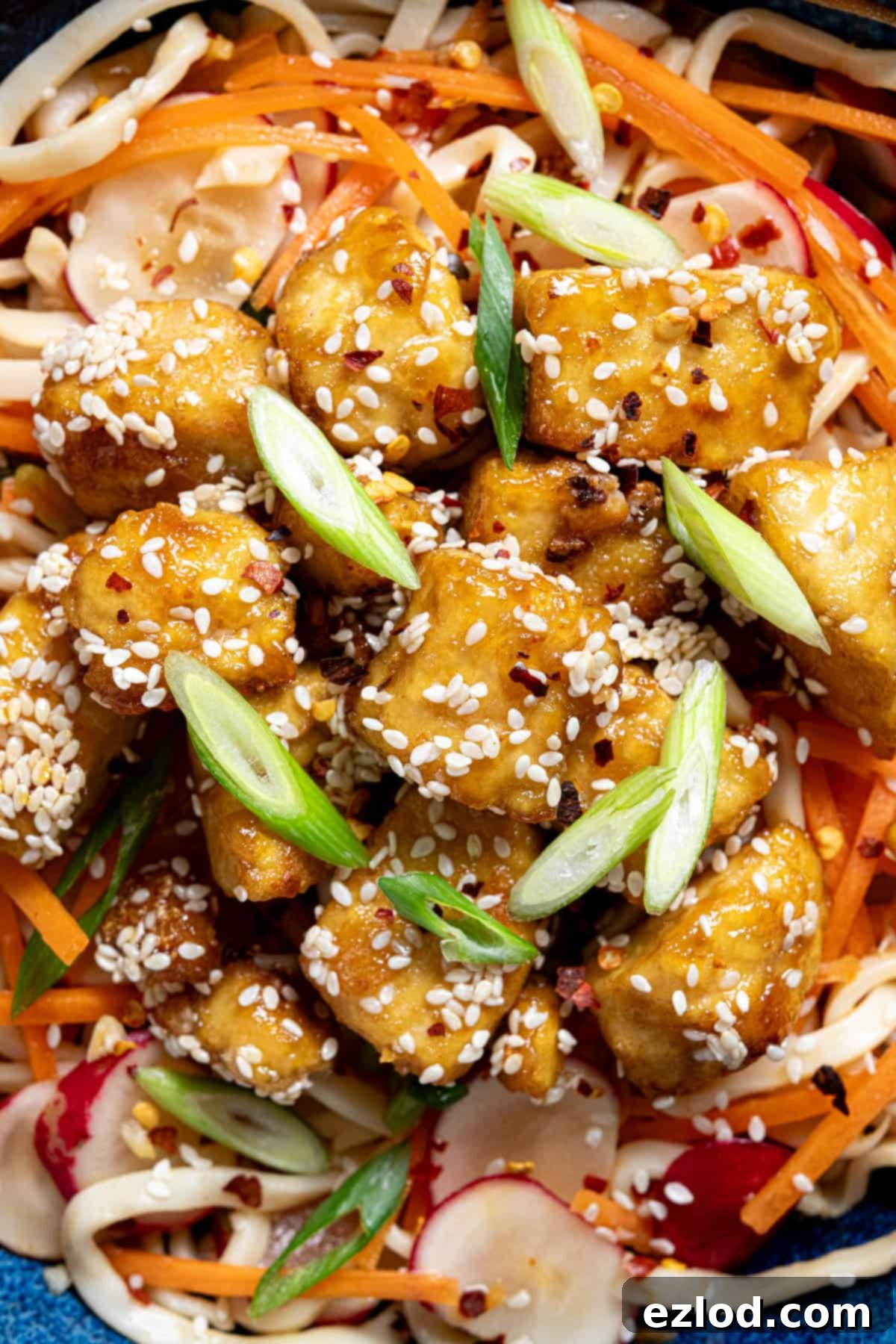 Close up of sticky tofu noodle salad.