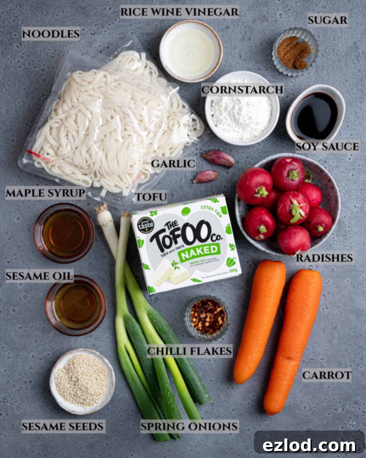 A labelled photo of the ingredients needed to make sticky tofu noodle salad.