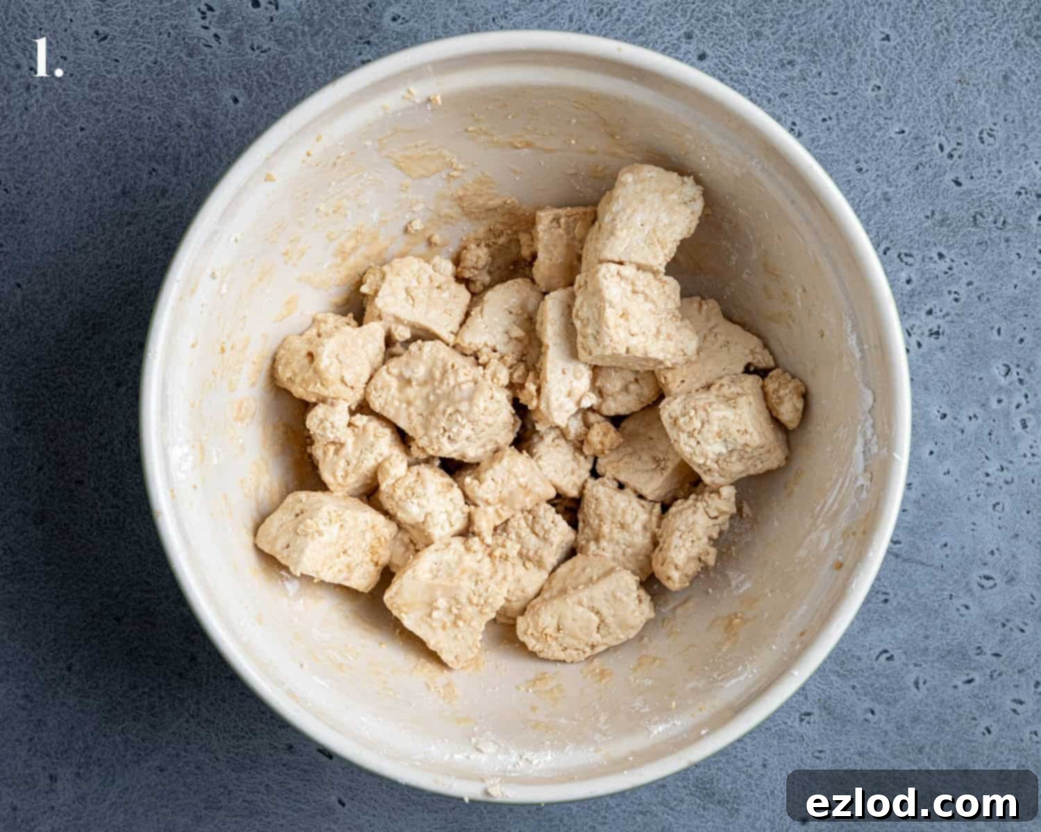 Step 1, the prepared tofu in a bowl.