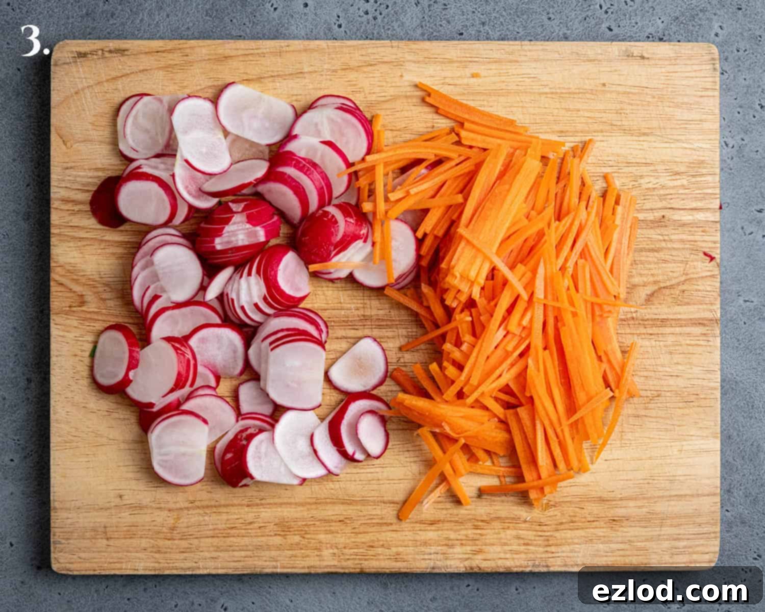 Step 3, the chopped vegetables on a chopping board.