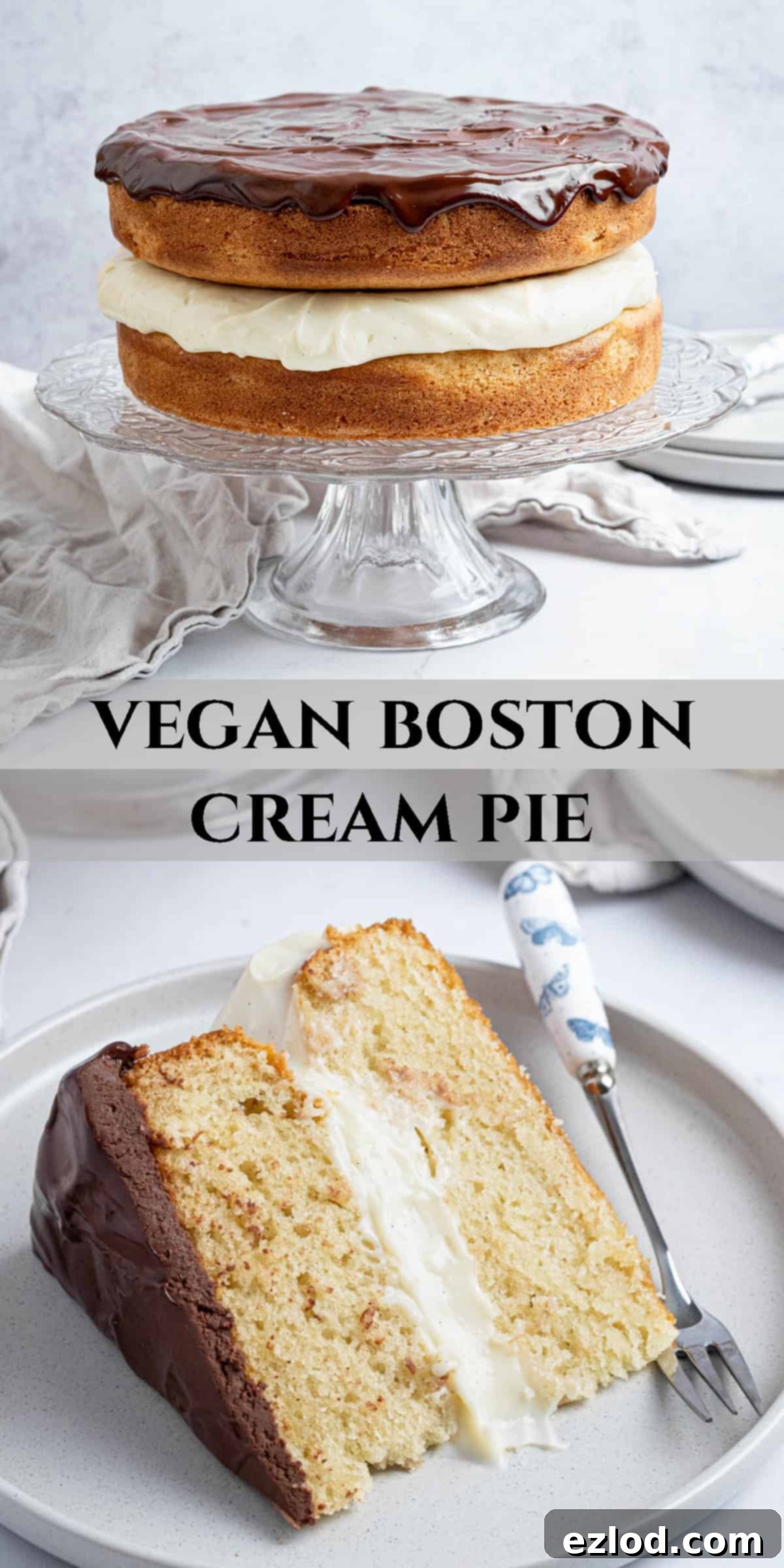 A Pinterest collage image featuring multiple appealing shots of the Vegan Boston Cream Pie, perfect for social sharing.