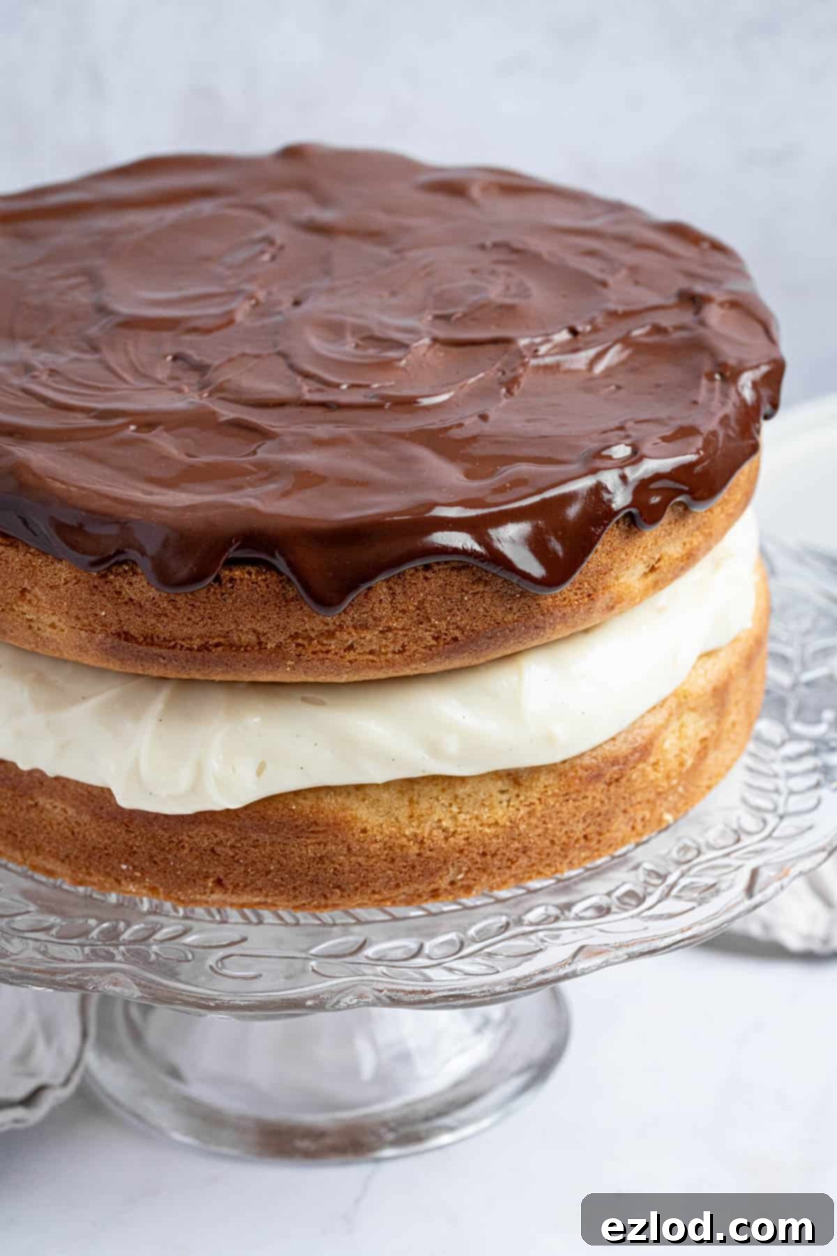 A beautiful close-up of the fully assembled vegan Boston cream pie on a glass cake stand, showing the glossy chocolate ganache and inviting layers.
