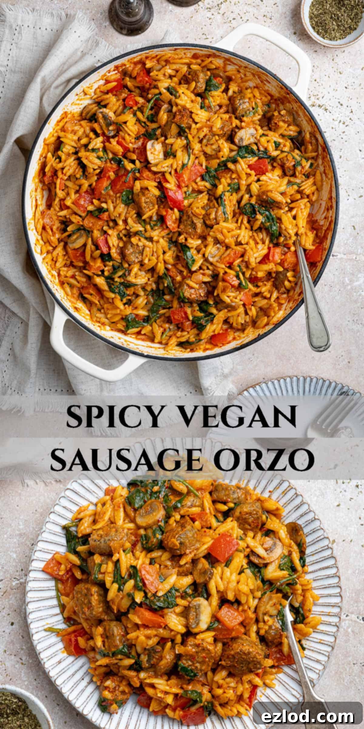 Pinterest collage featuring images of vegan spicy sausage orzo, including ingredients and finished dish.