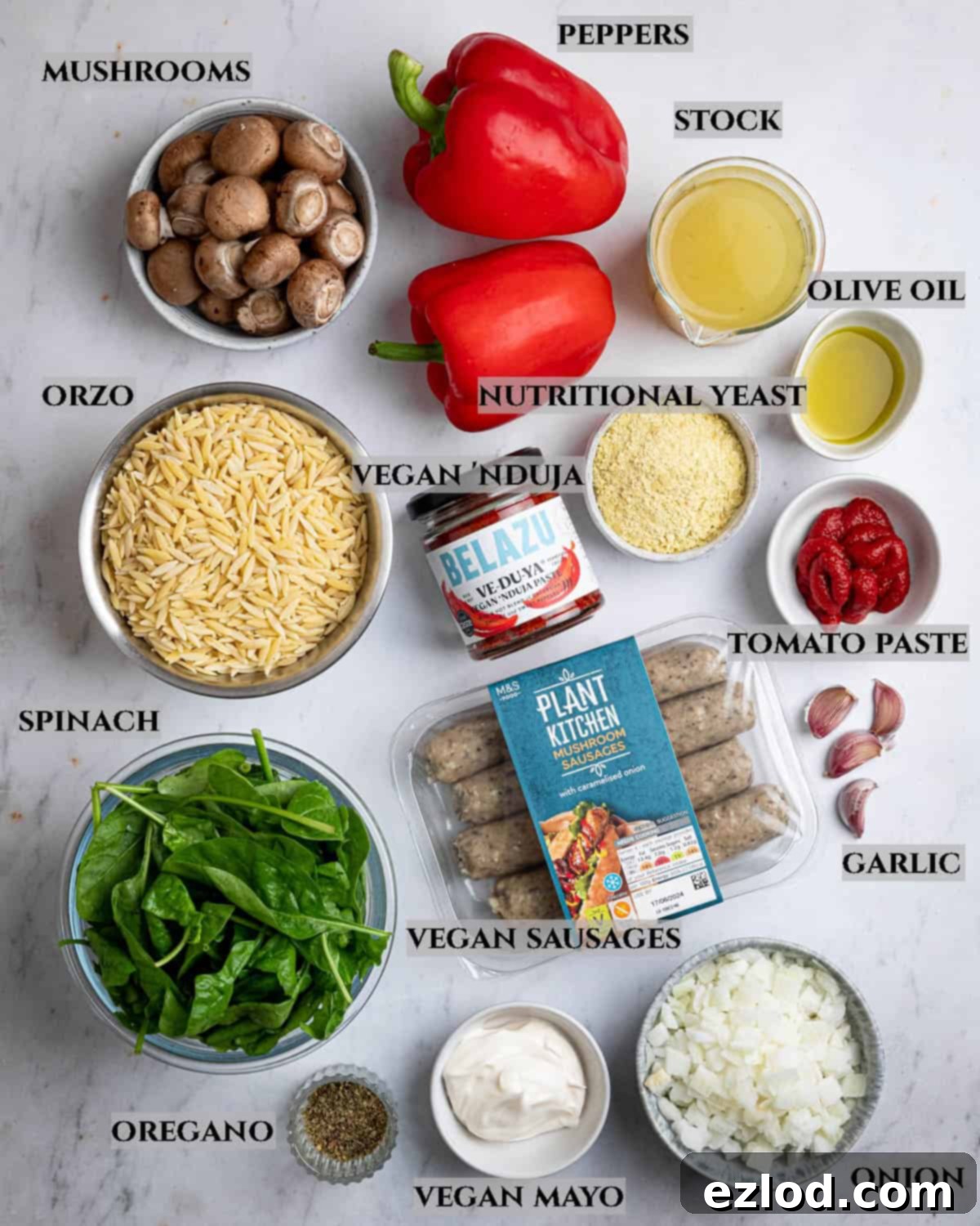 A labelled photo showing all the fresh and pantry ingredients needed to make spicy sausage orzo.