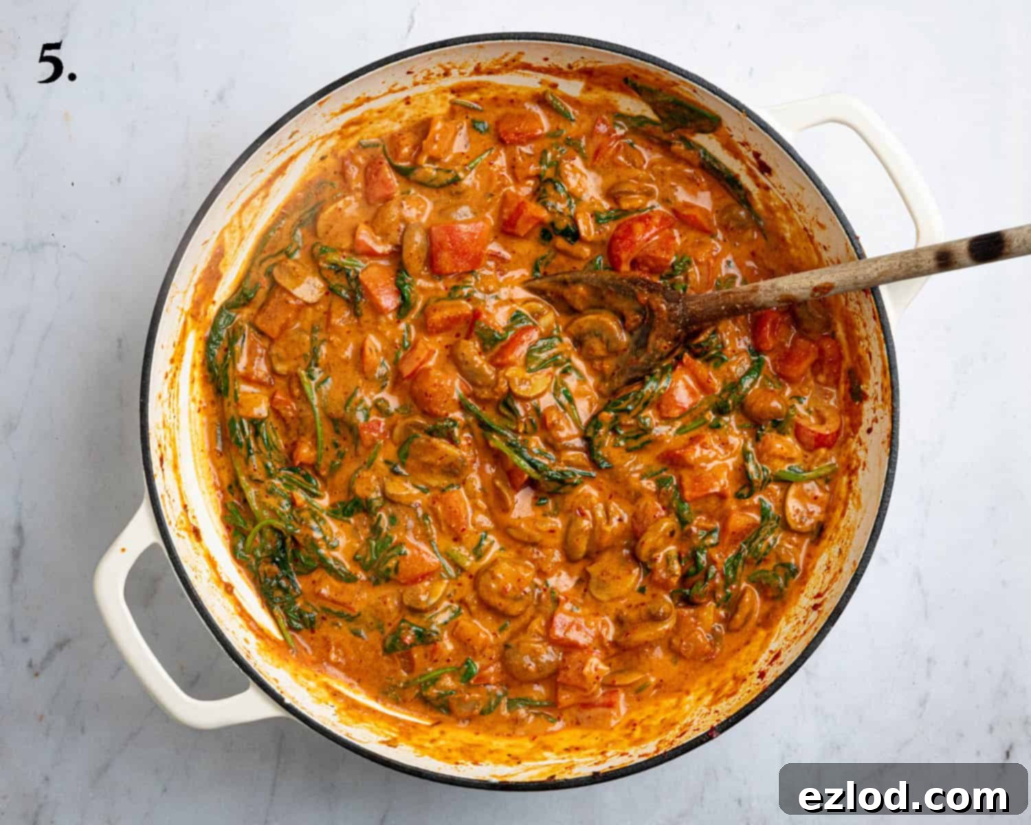 Step 5: The finished creamy, spicy sauce for the orzo, with wilted spinach.