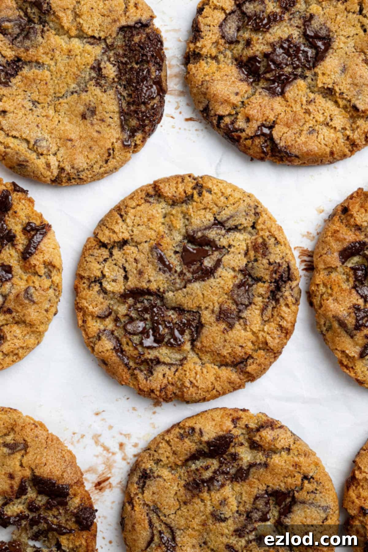 A close-up view of a single vegan air fryer chocolate chip cookie, showcasing its golden edges and melty chocolate.