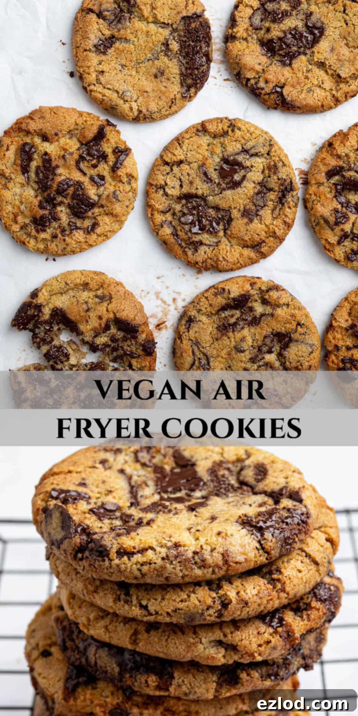 A Pinterest-friendly collage image showcasing various stages of making vegan air fryer cookies and the final product.