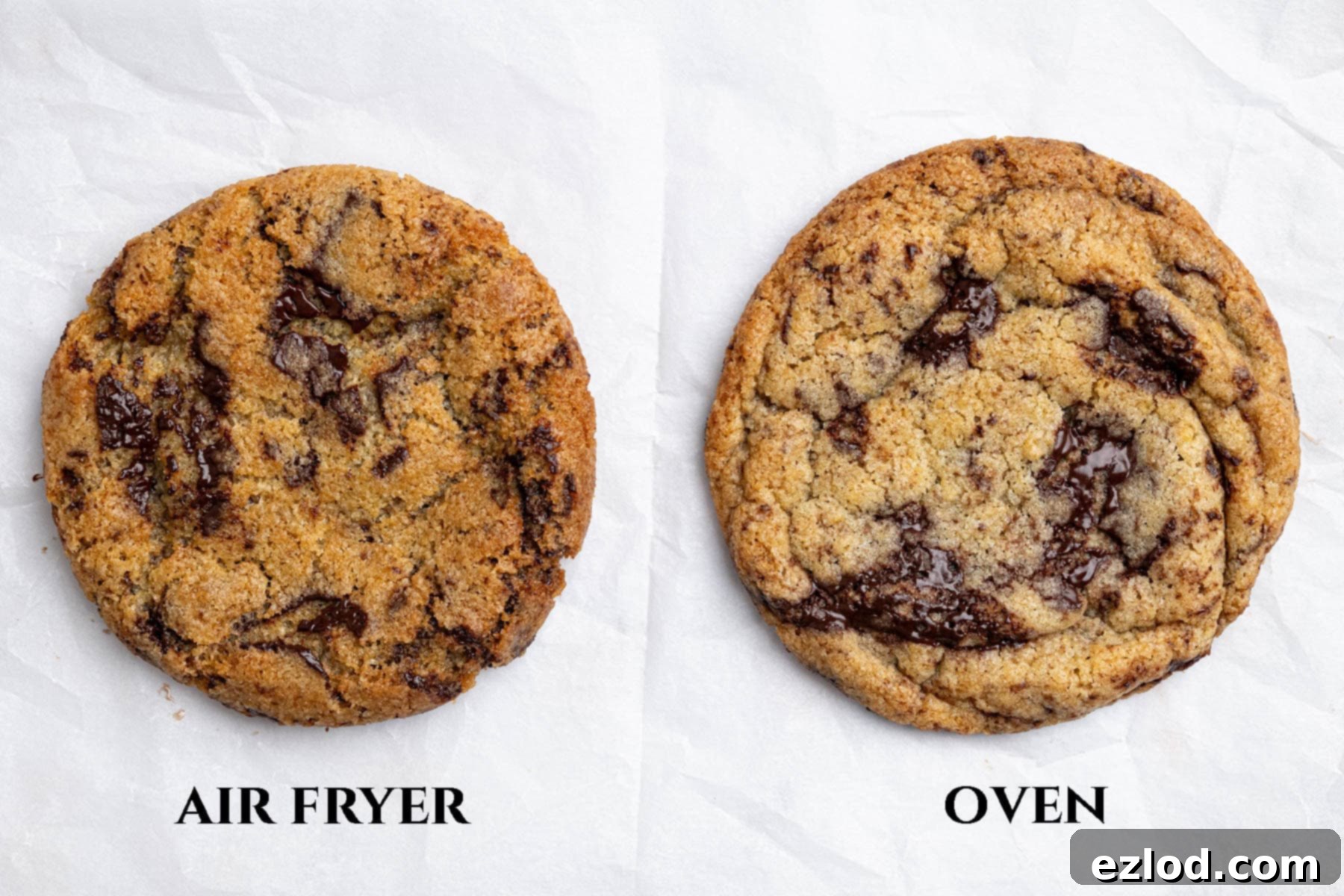 A side-by-side comparison of vegan chocolate chip cookies baked in an oven versus an air fryer, highlighting textural differences.