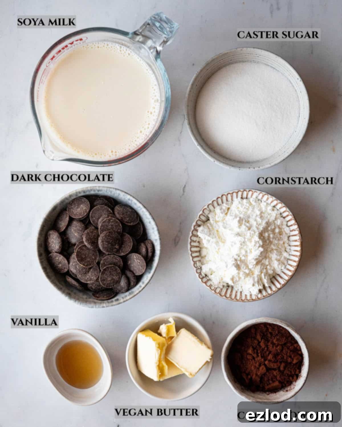 A labelled photo of the ingredients needed to make vegan chocolate pastry cream.