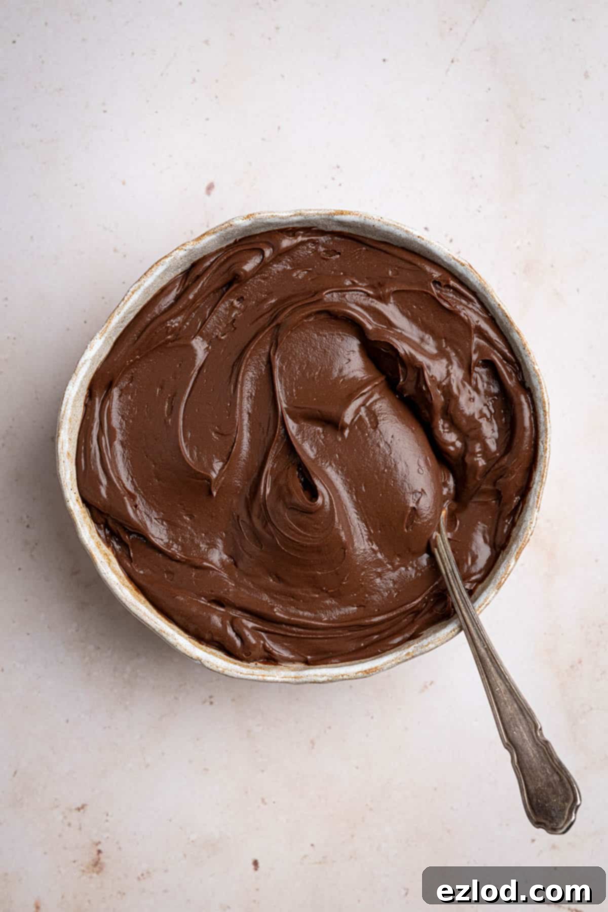 Vegan chocolate pastry cream in a bowl with a spoon.