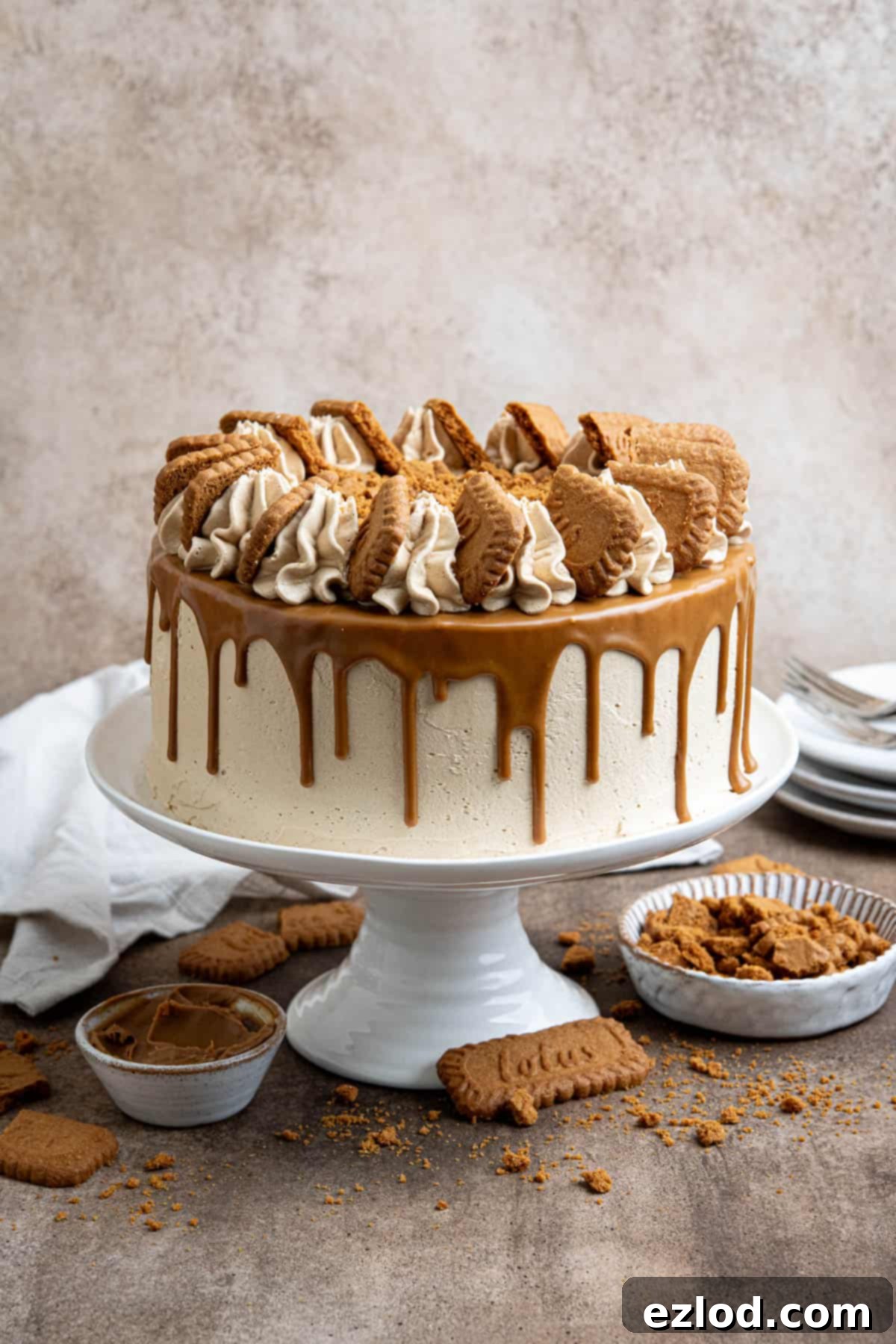 Vegan Biscoff cake on a white cake stand with crushed cookies and a bowl of cookie butter.