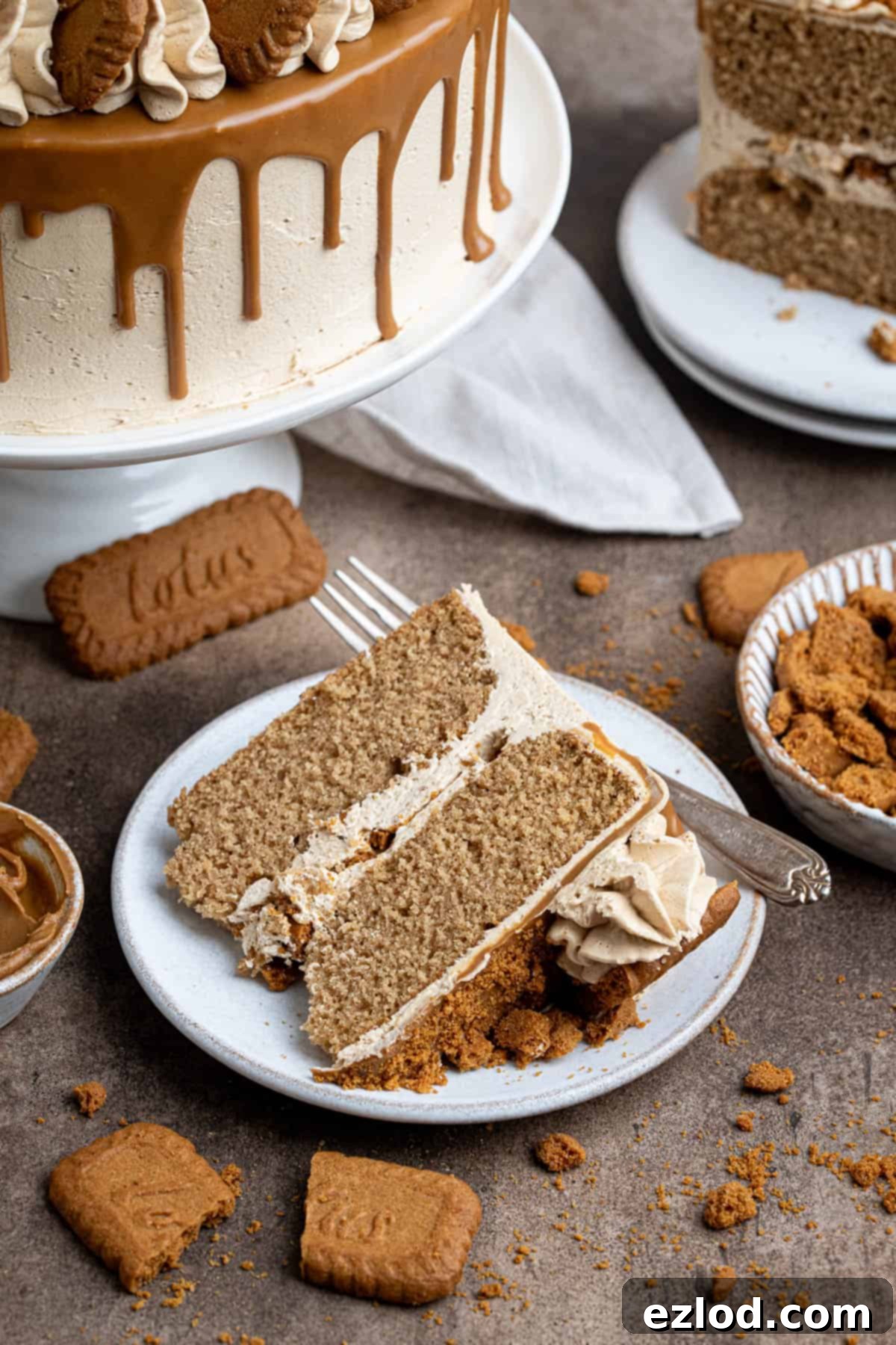 A slice of vegan Biscoff cake on a white plate.