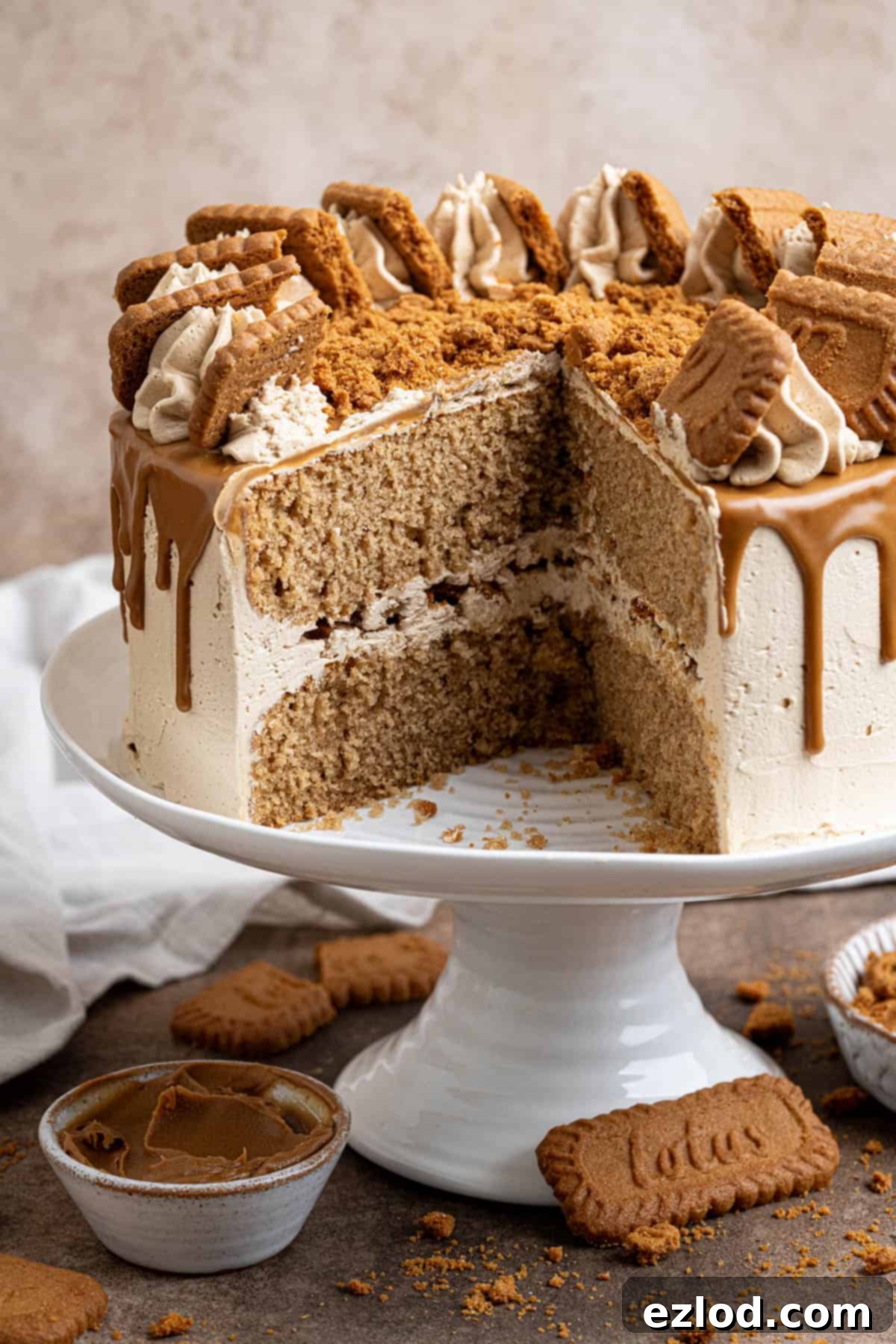 Close up of the sliced vegan Biscoff cake.