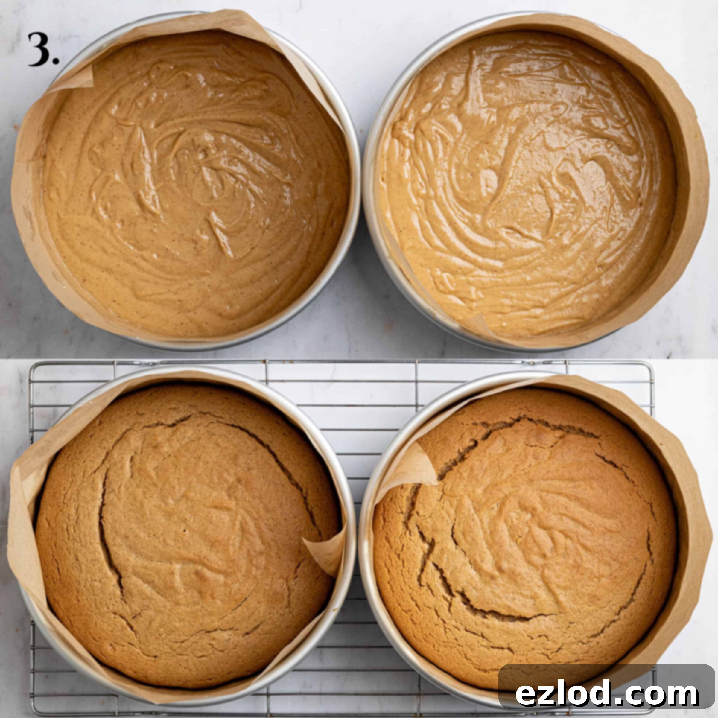 Step 3, a two image collage of the cakes before and after baking.