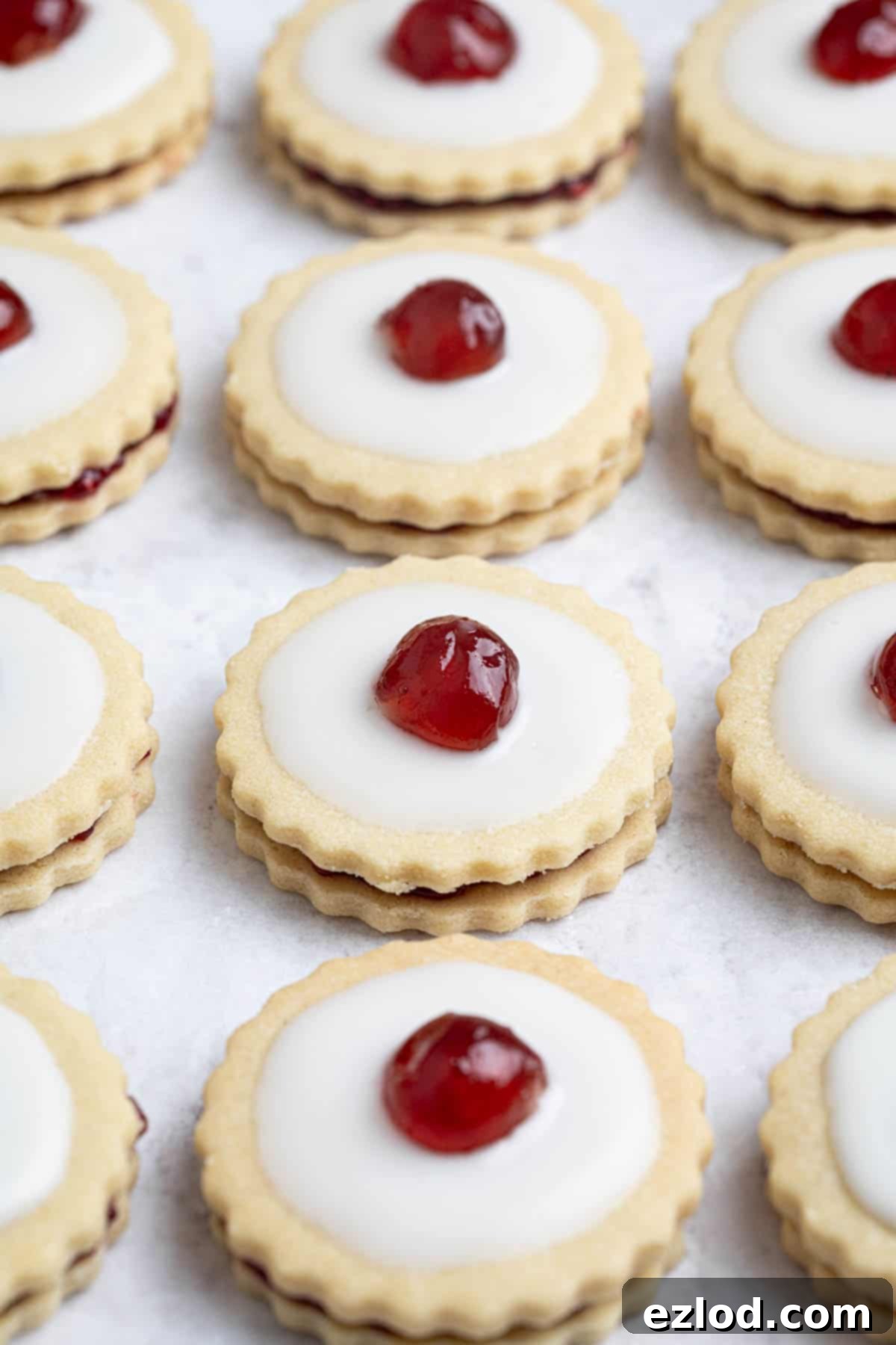 Rows of vegan empire biscuits on a white surface.
