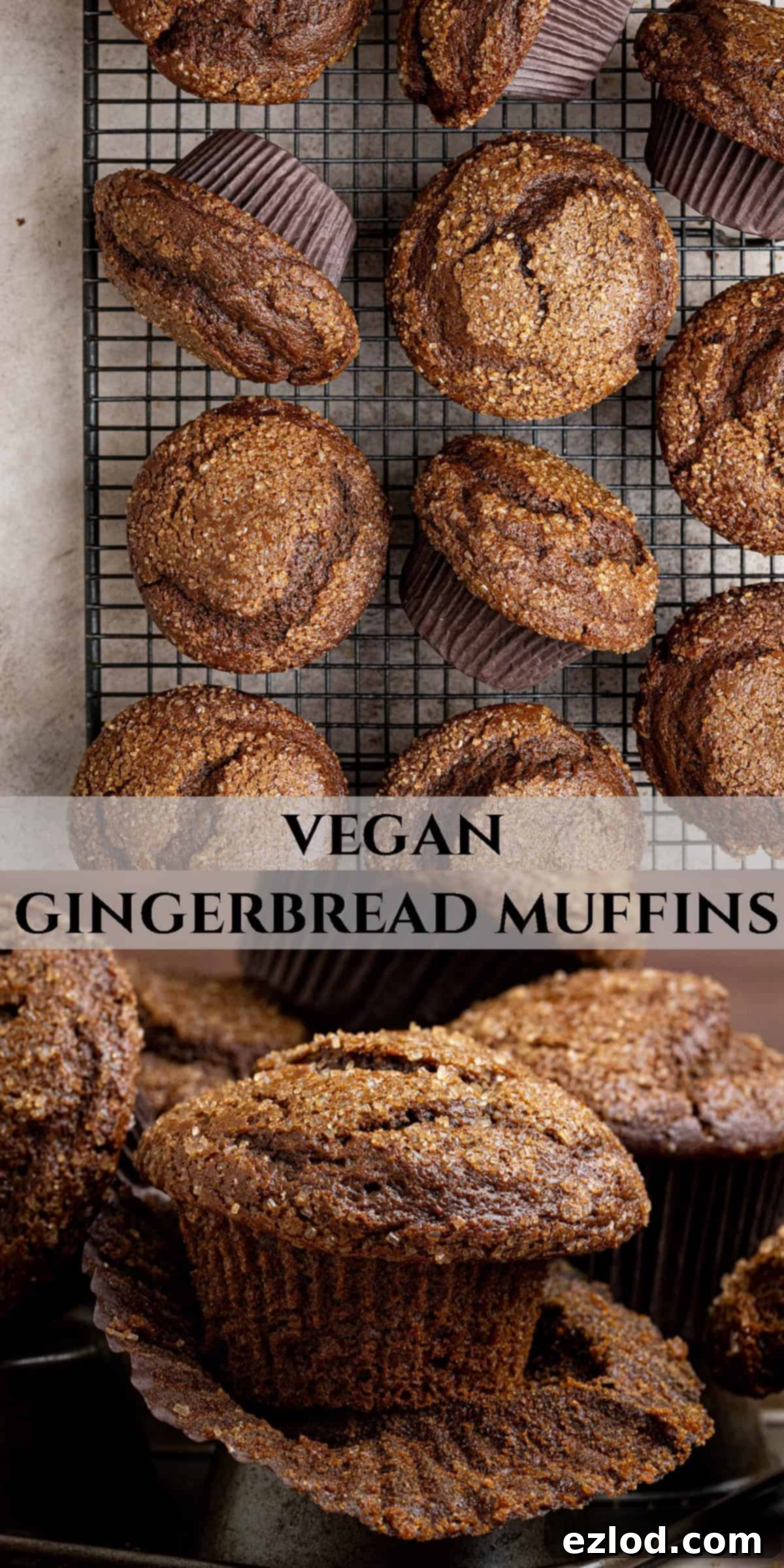 A Pinterest collage featuring multiple images of vegan gingerbread muffins, suitable for social media sharing.