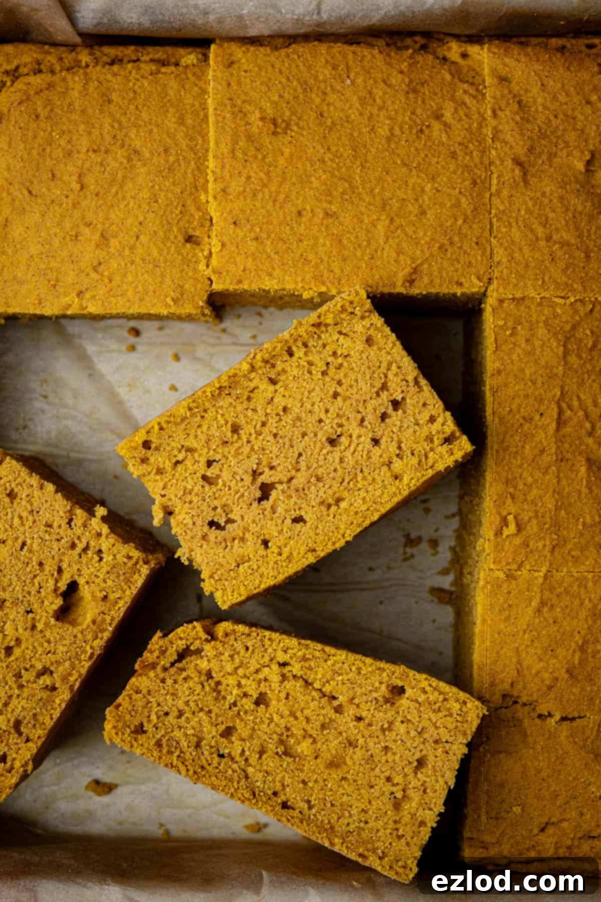 Golden Harvest Vegan Cornbread 2 Close up of squares of vegan pumpkin cornbread.