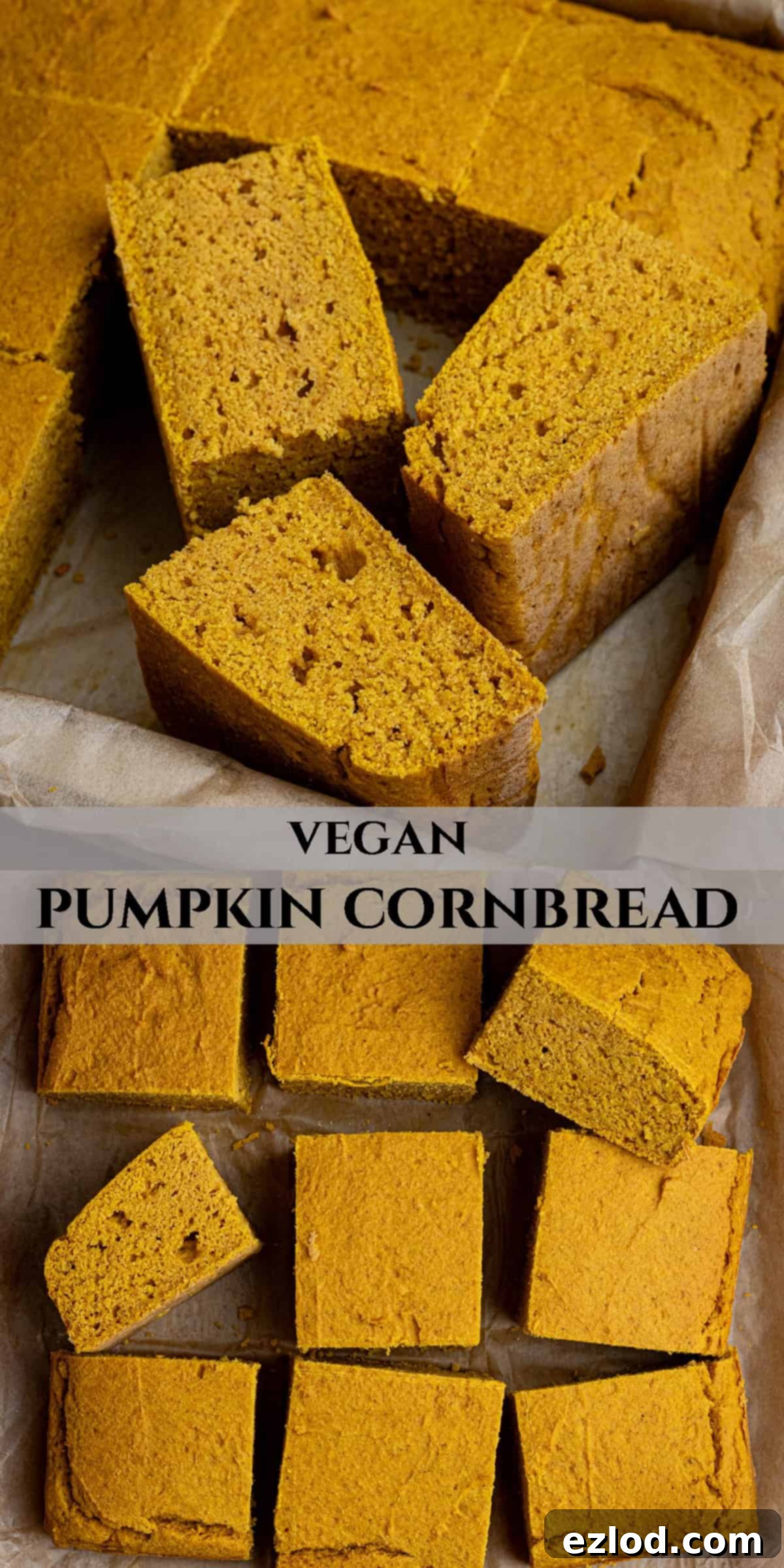 Golden Harvest Vegan Cornbread 12 Pinterest collage image for Vegan Pumpkin Cornbread recipe.