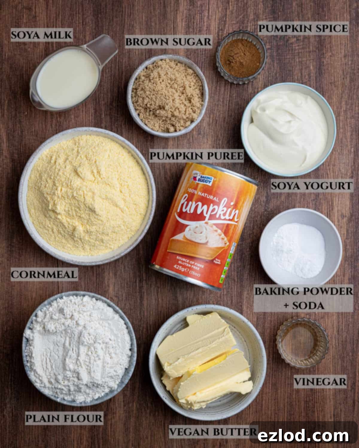 Golden Harvest Vegan Cornbread 3 A labelled photo of the ingredients needed to make vegan pumpkin cornbread.